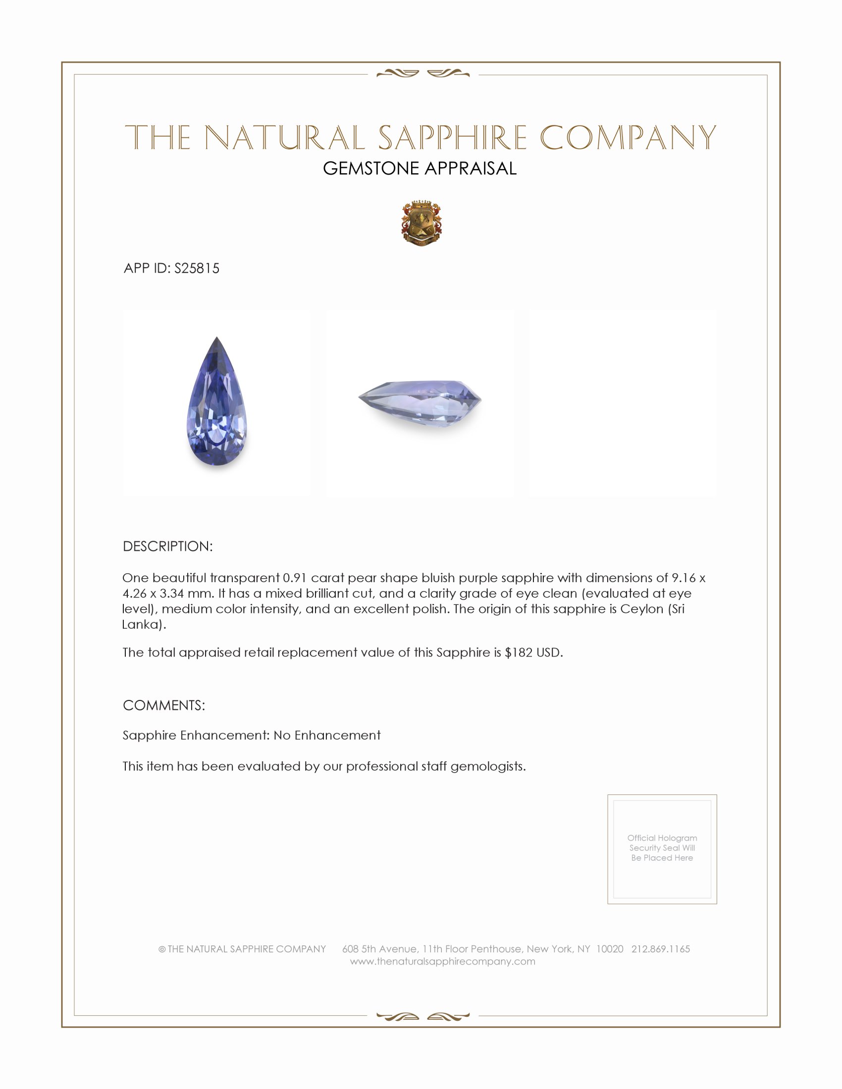 0.91 Ct. Bluish Purple Sapphire from Ceylon (Sri Lanka)