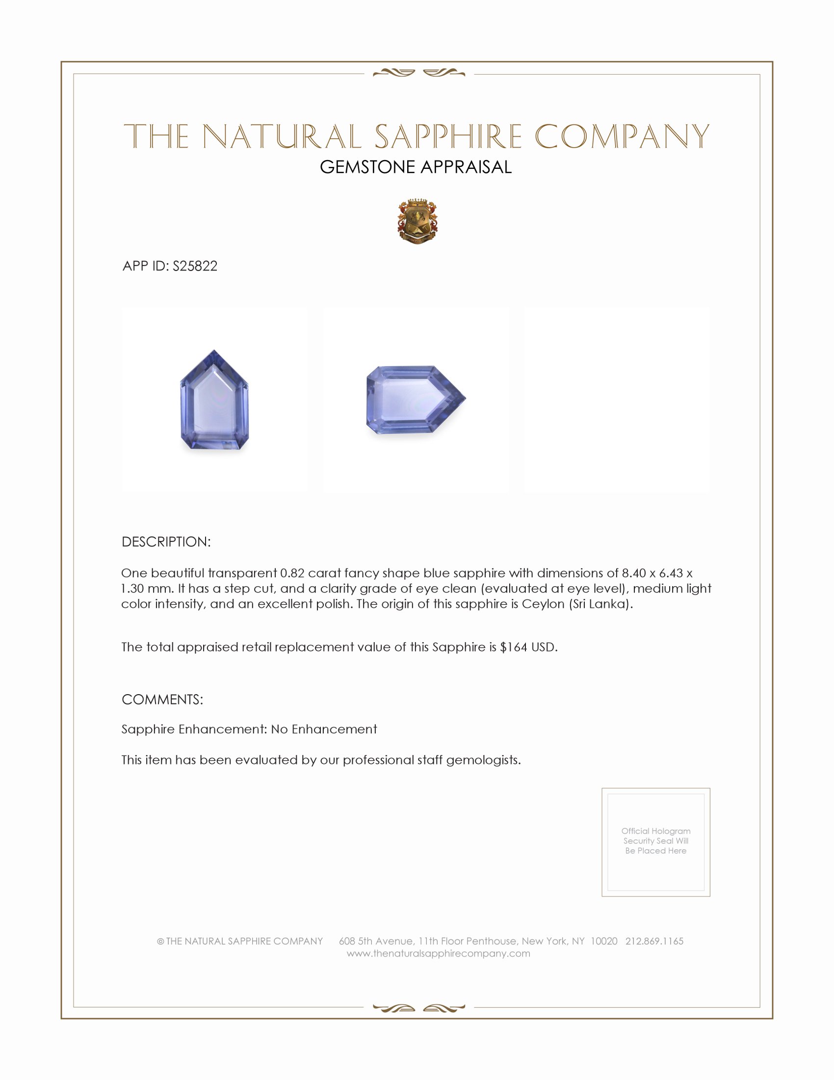 0.82 Ct. Blue Sapphire from Ceylon (Sri Lanka)