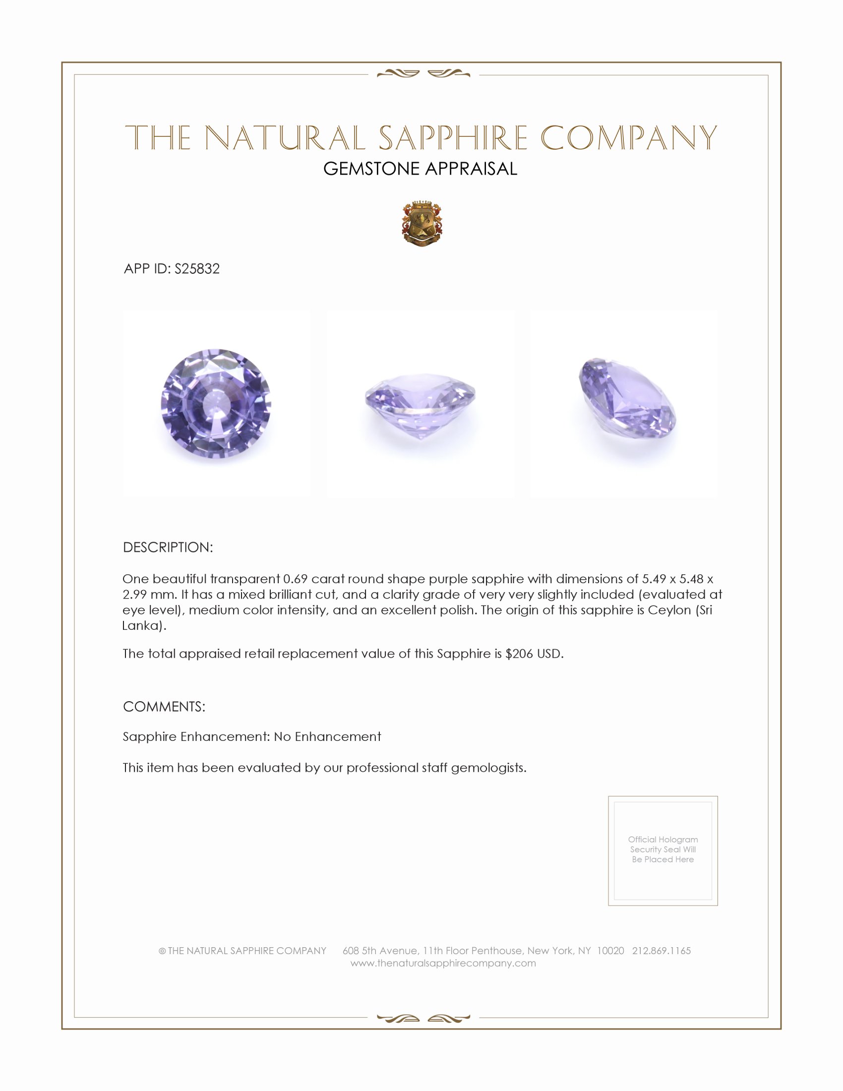 0.69 Ct. Purple Sapphire from Ceylon (Sri Lanka)