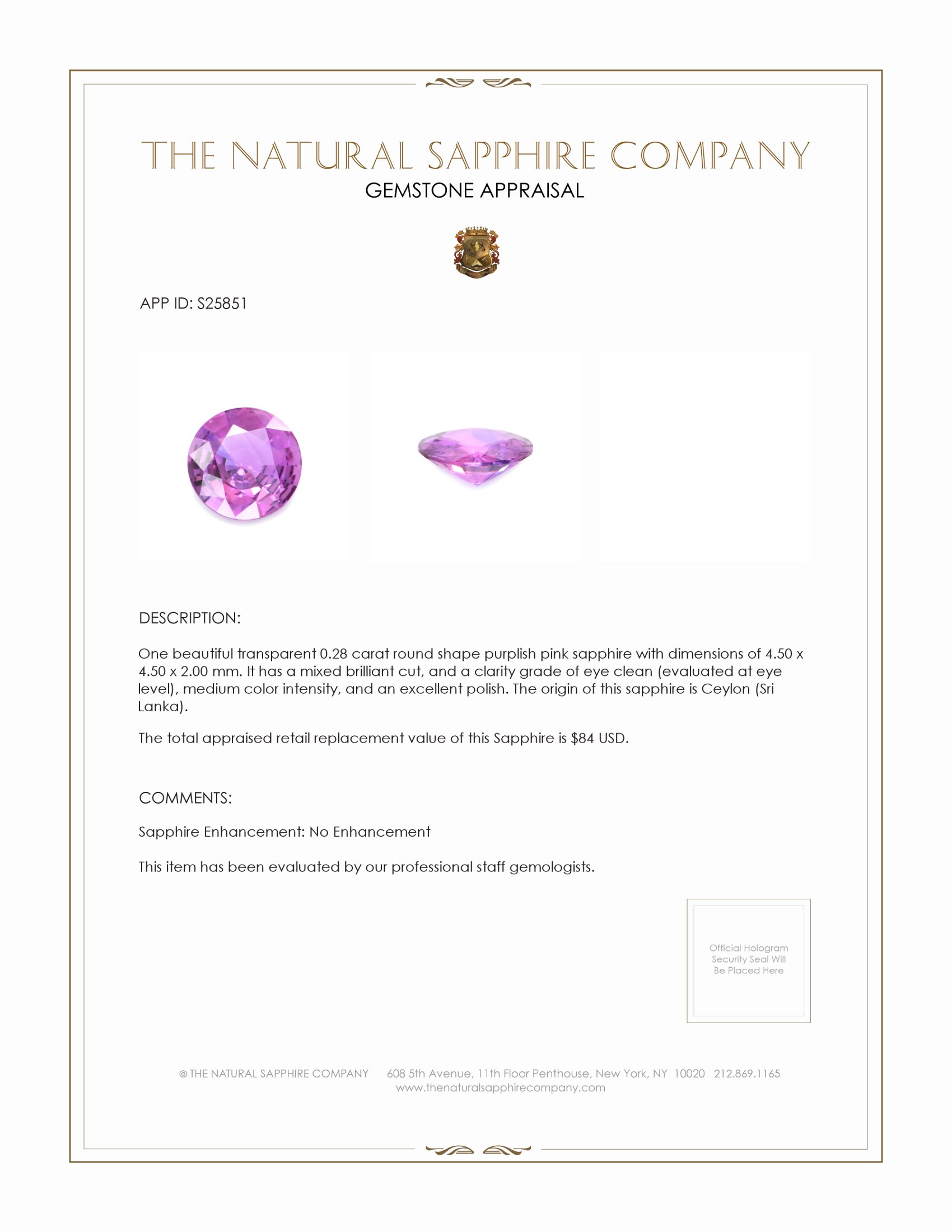 0.28 Ct. Purplish Pink Sapphire from Ceylon (Sri Lanka)