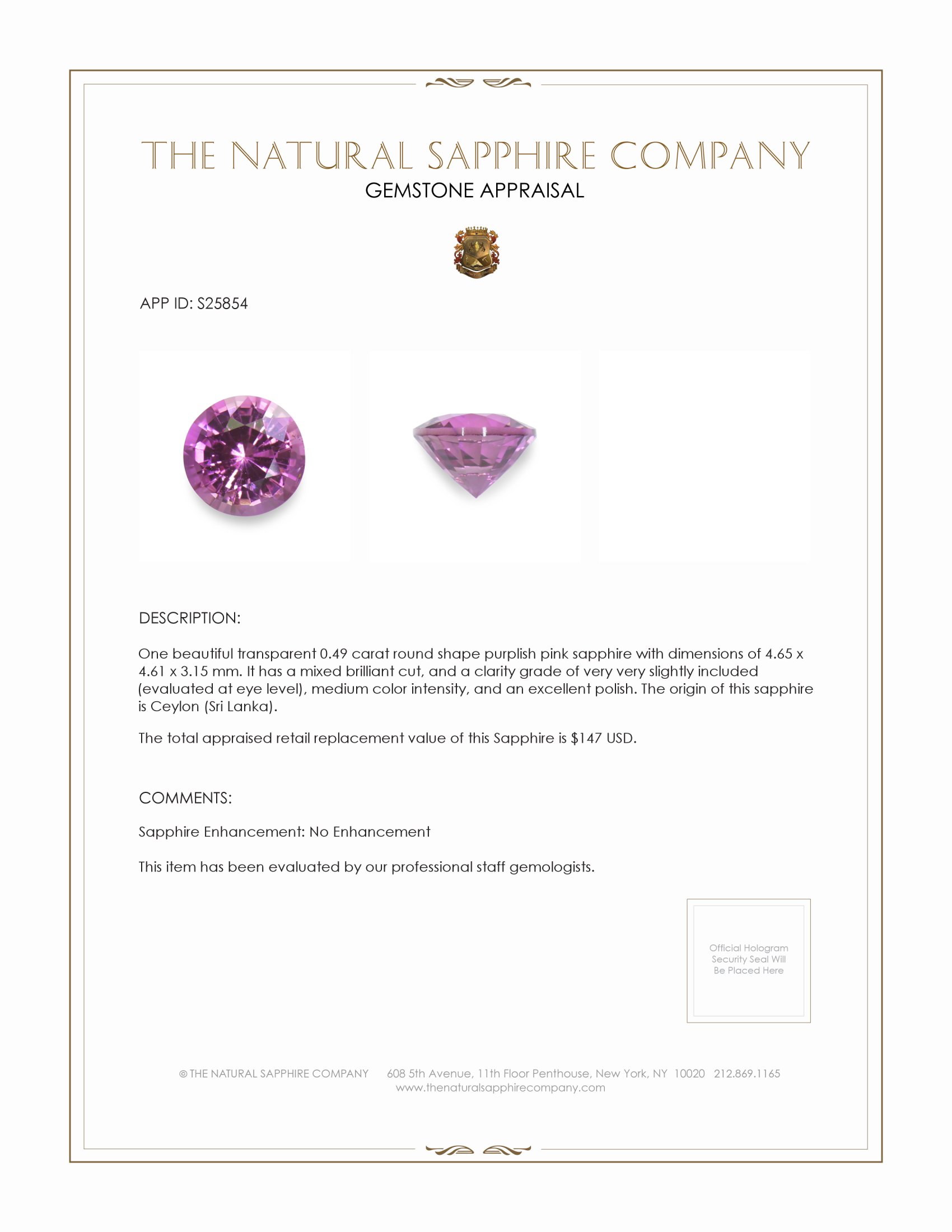 0.49 Ct. Purplish Pink Sapphire from Ceylon (Sri Lanka)
