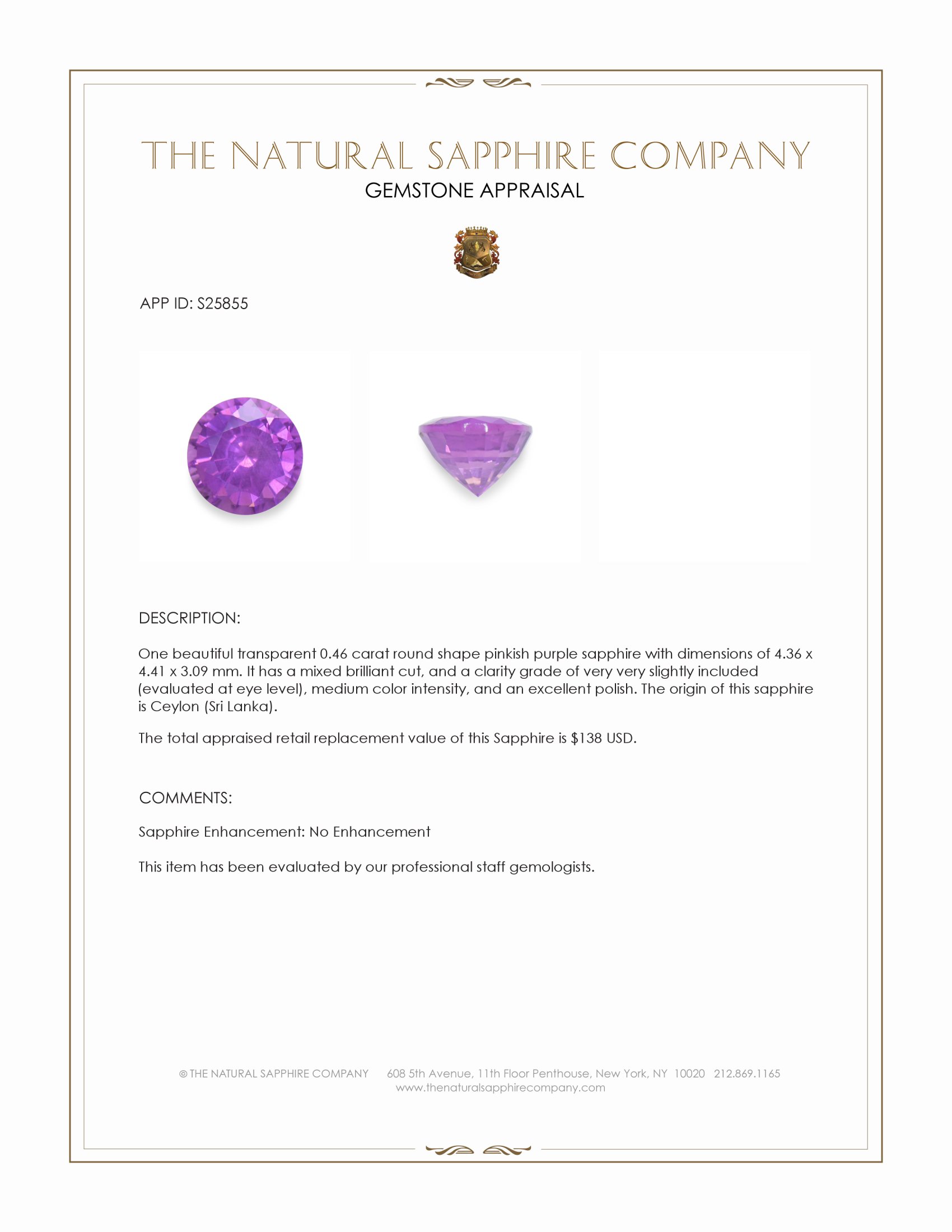 0.46 Ct. Pinkish Purple Sapphire from Ceylon (Sri Lanka)