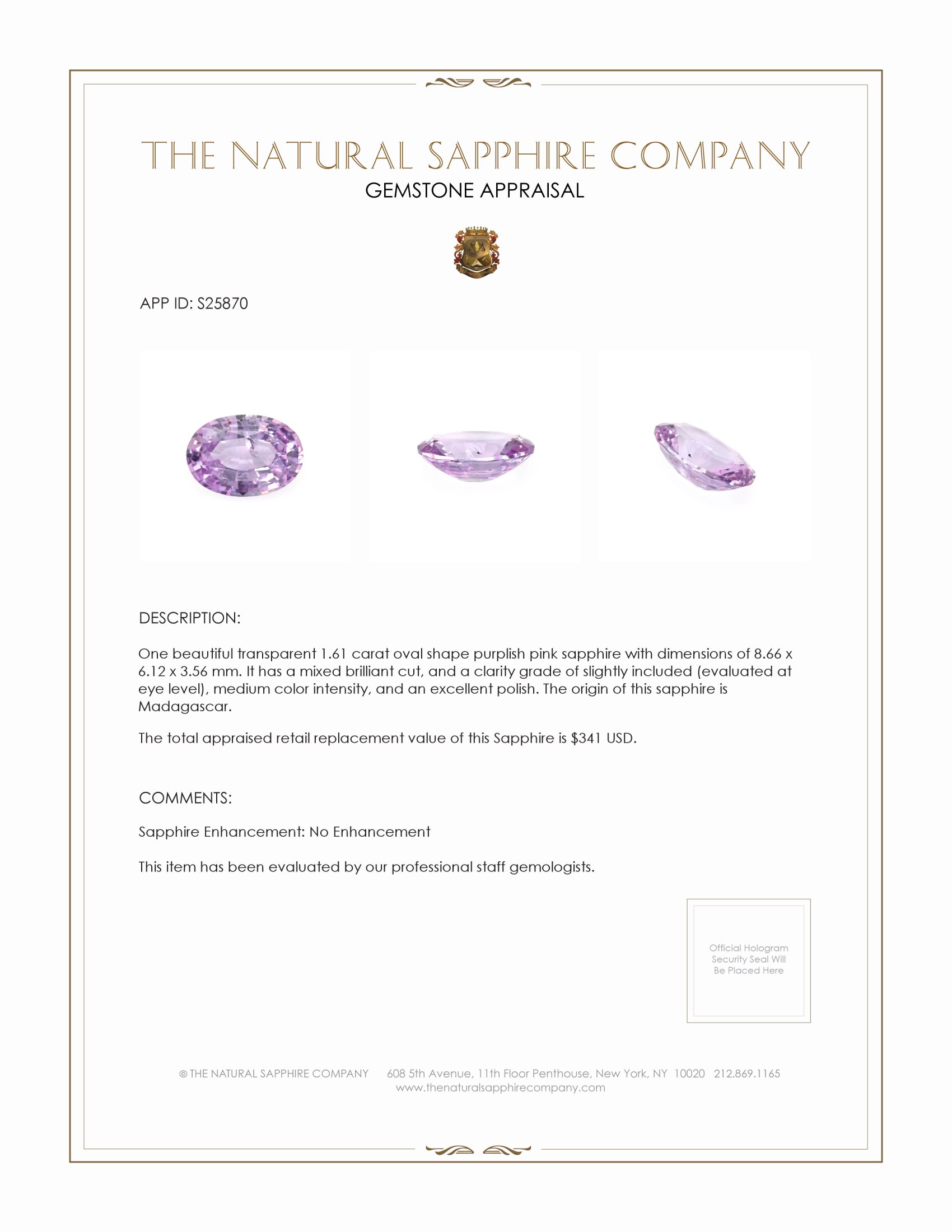 1.61 Ct. Purplish Pink Sapphire from Madagascar