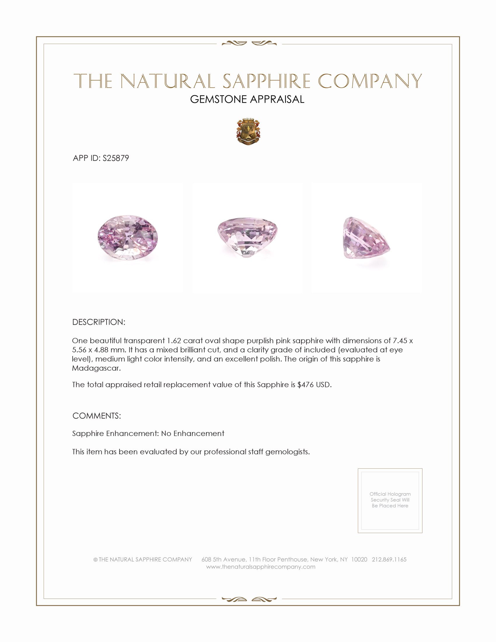 1.62 Ct. Purplish Pink Sapphire from Madagascar