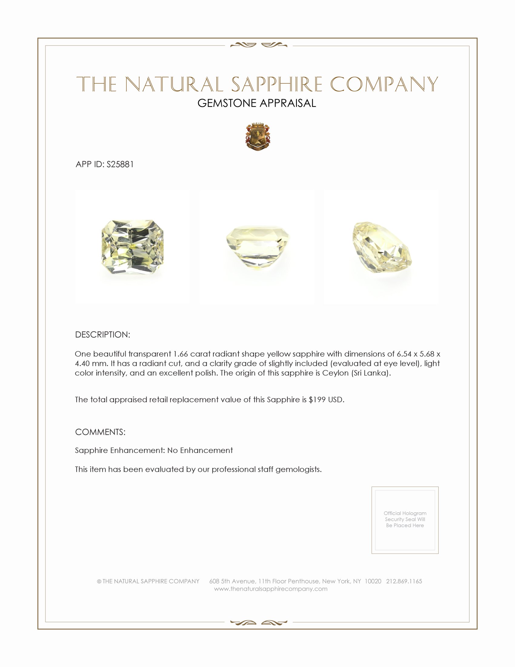 1.66 Ct. Yellow Sapphire from Ceylon (Sri Lanka)
