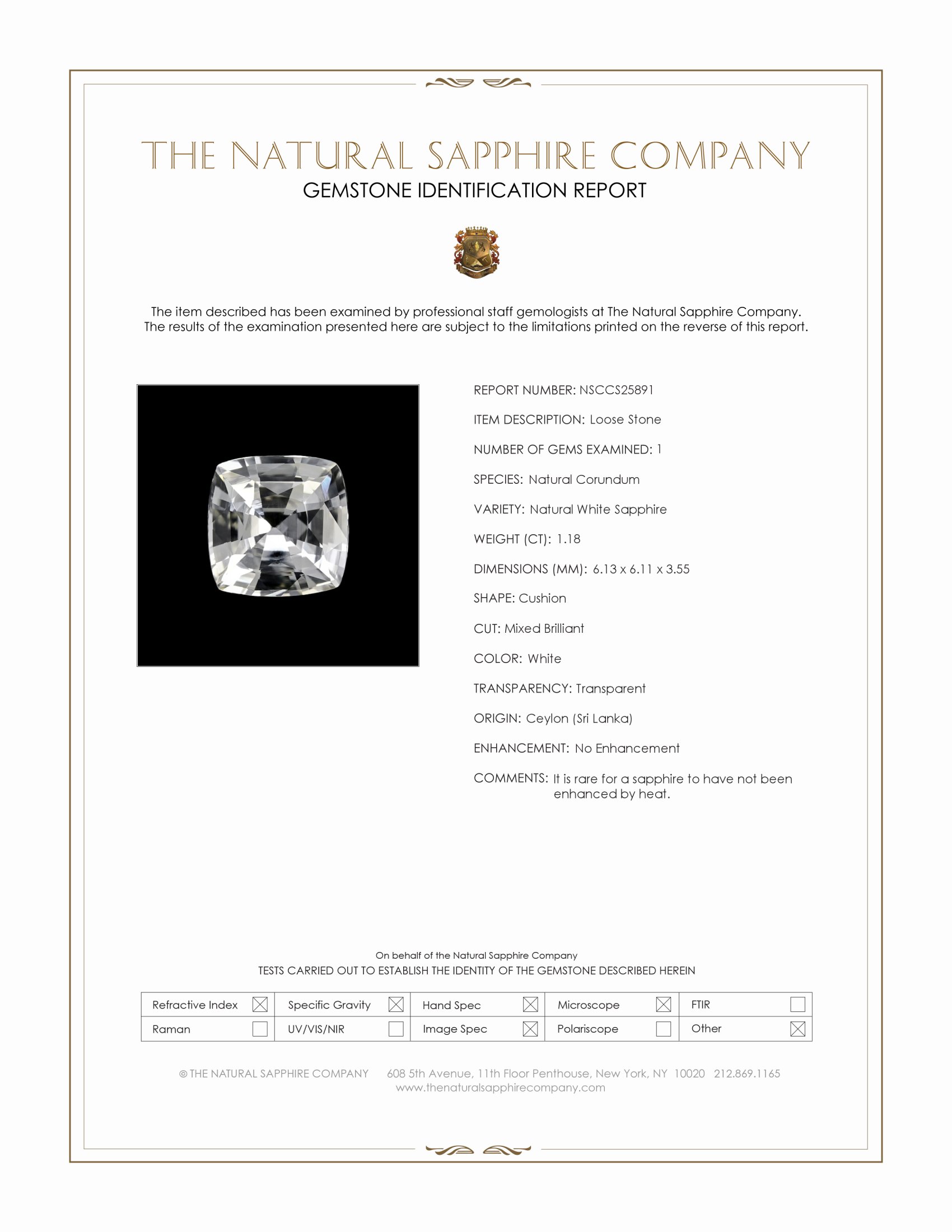 1.18 Ct. White Sapphire from Ceylon (Sri Lanka)
