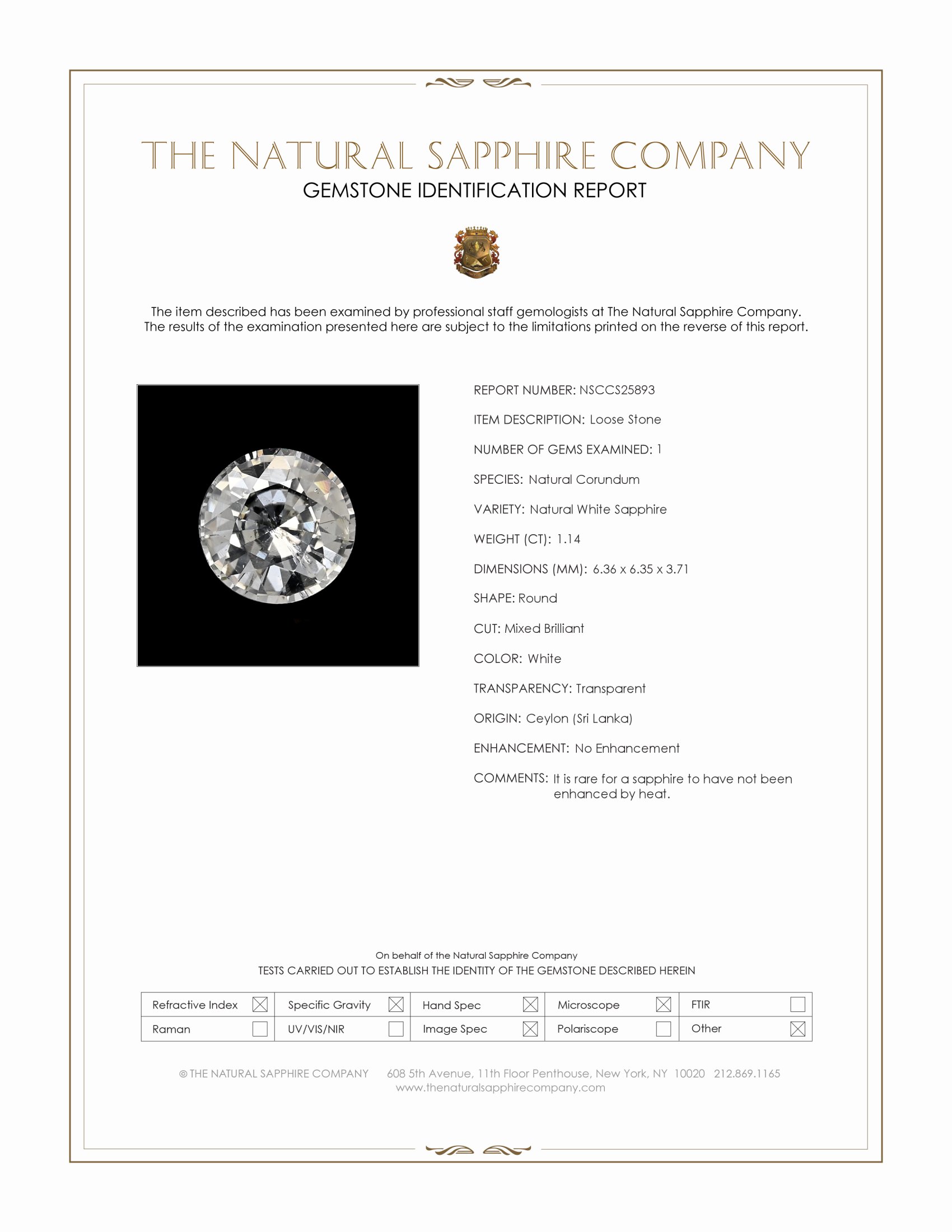 1.14 Ct. White Sapphire from Ceylon (Sri Lanka)