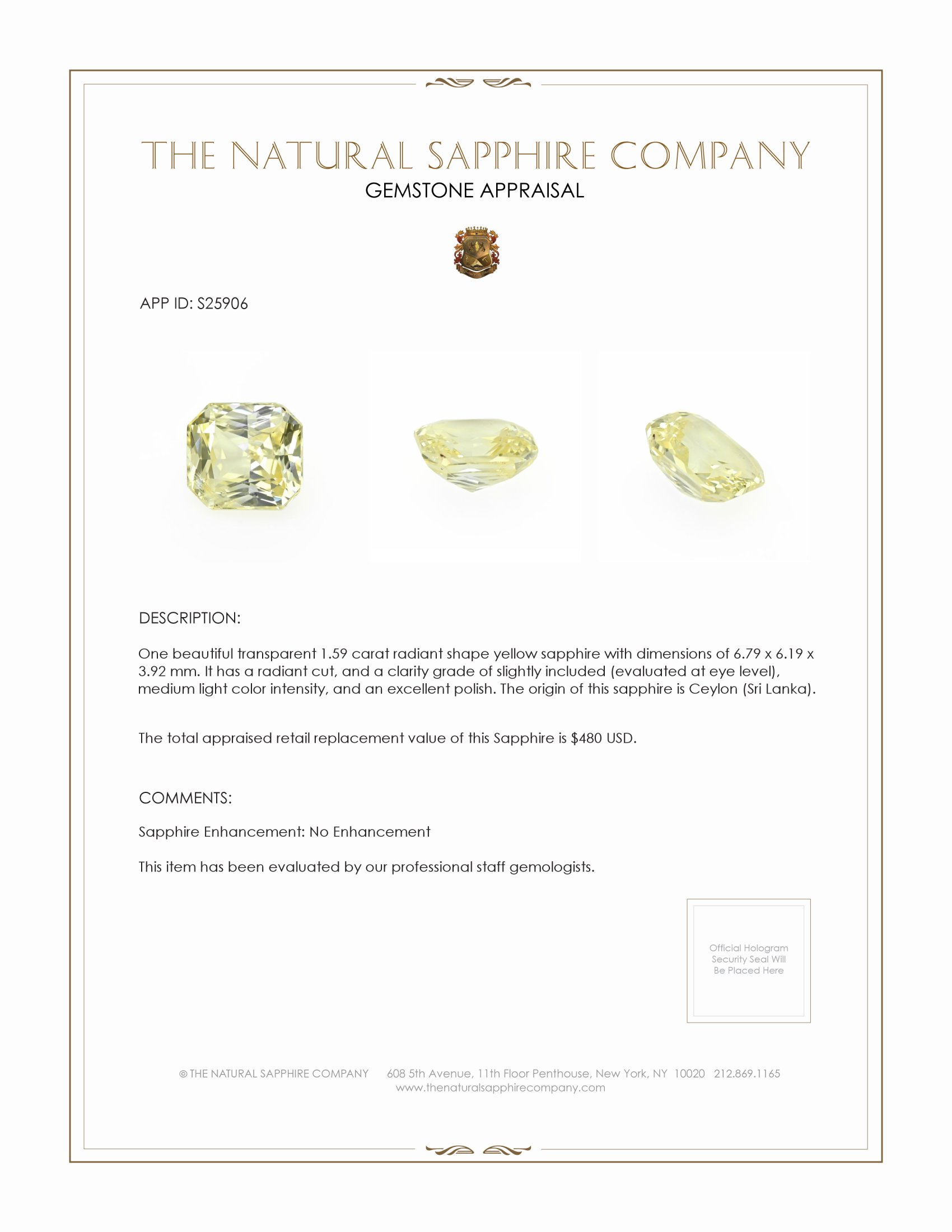 1.59 Ct. Yellow Sapphire from Ceylon (Sri Lanka)