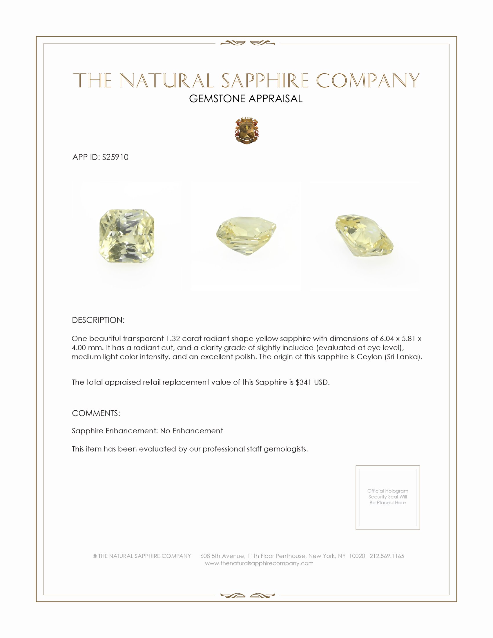 1.32 Ct. Yellow Sapphire from Ceylon (Sri Lanka)