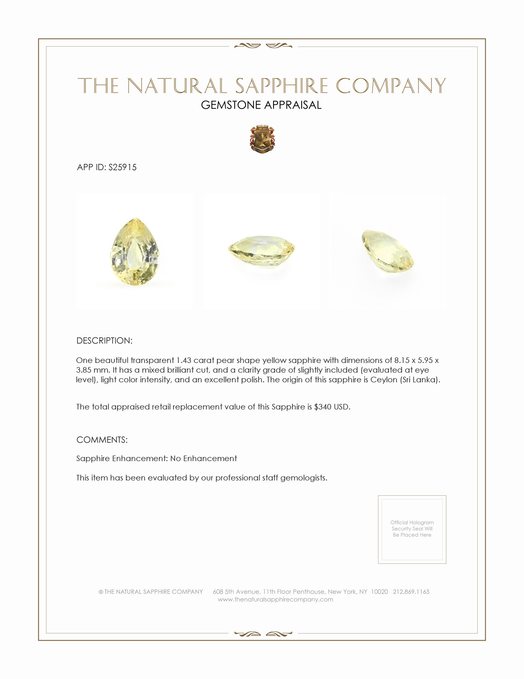 1.43 Ct. Yellow Sapphire from Ceylon (Sri Lanka)