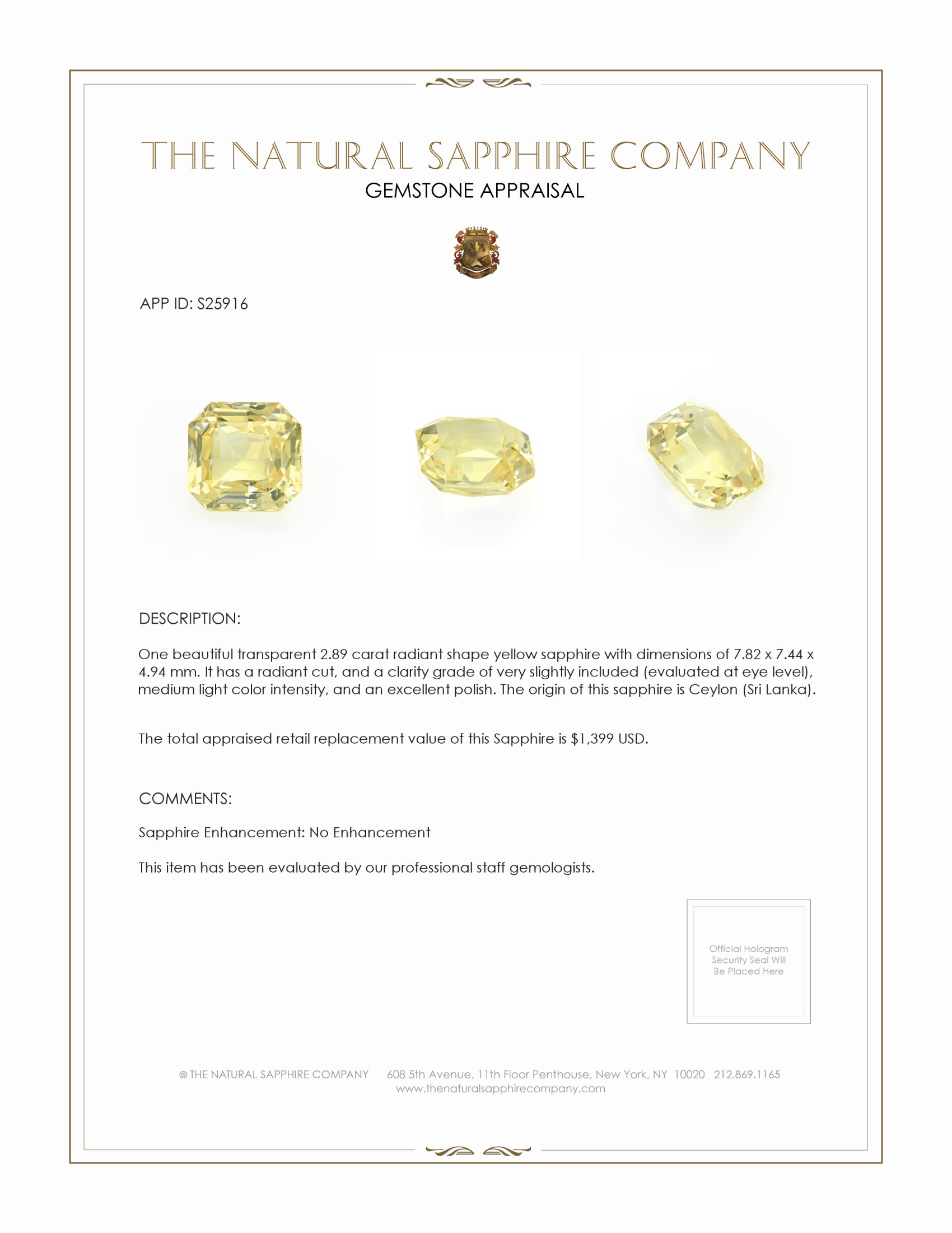 2.89 Ct. Yellow Sapphire from Ceylon (Sri Lanka)