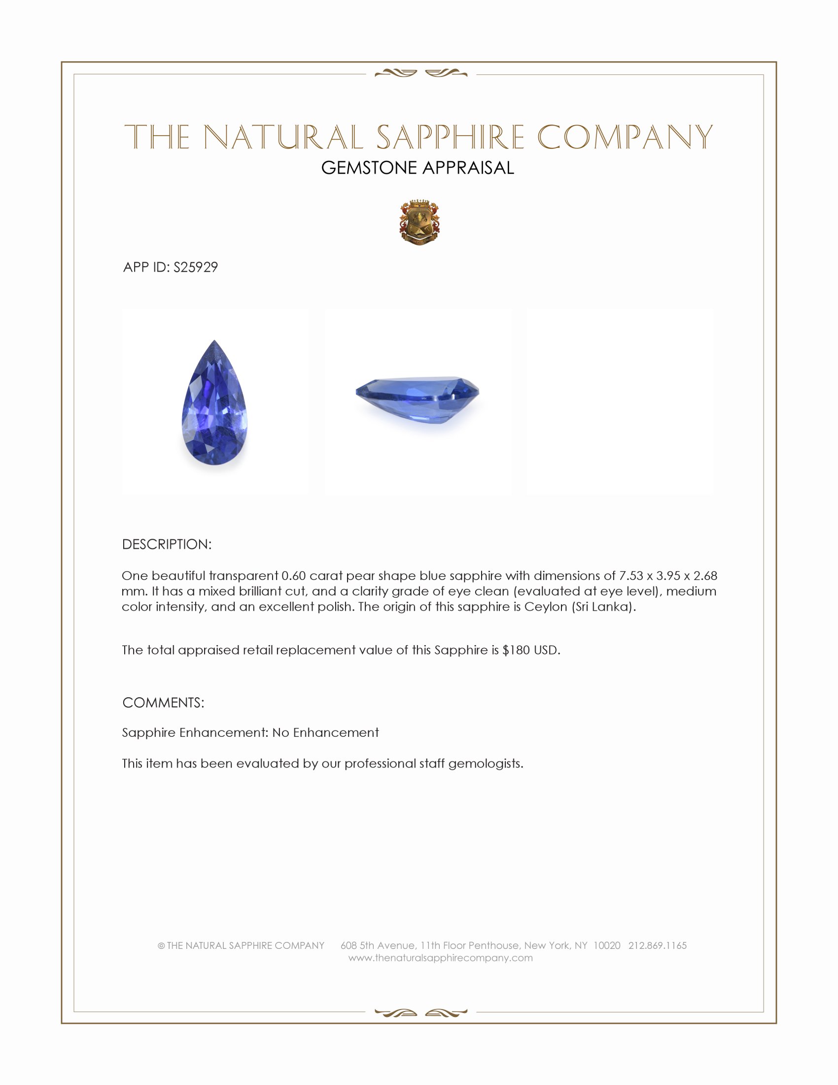 0.60 Ct. Blue Sapphire from Ceylon (Sri Lanka)