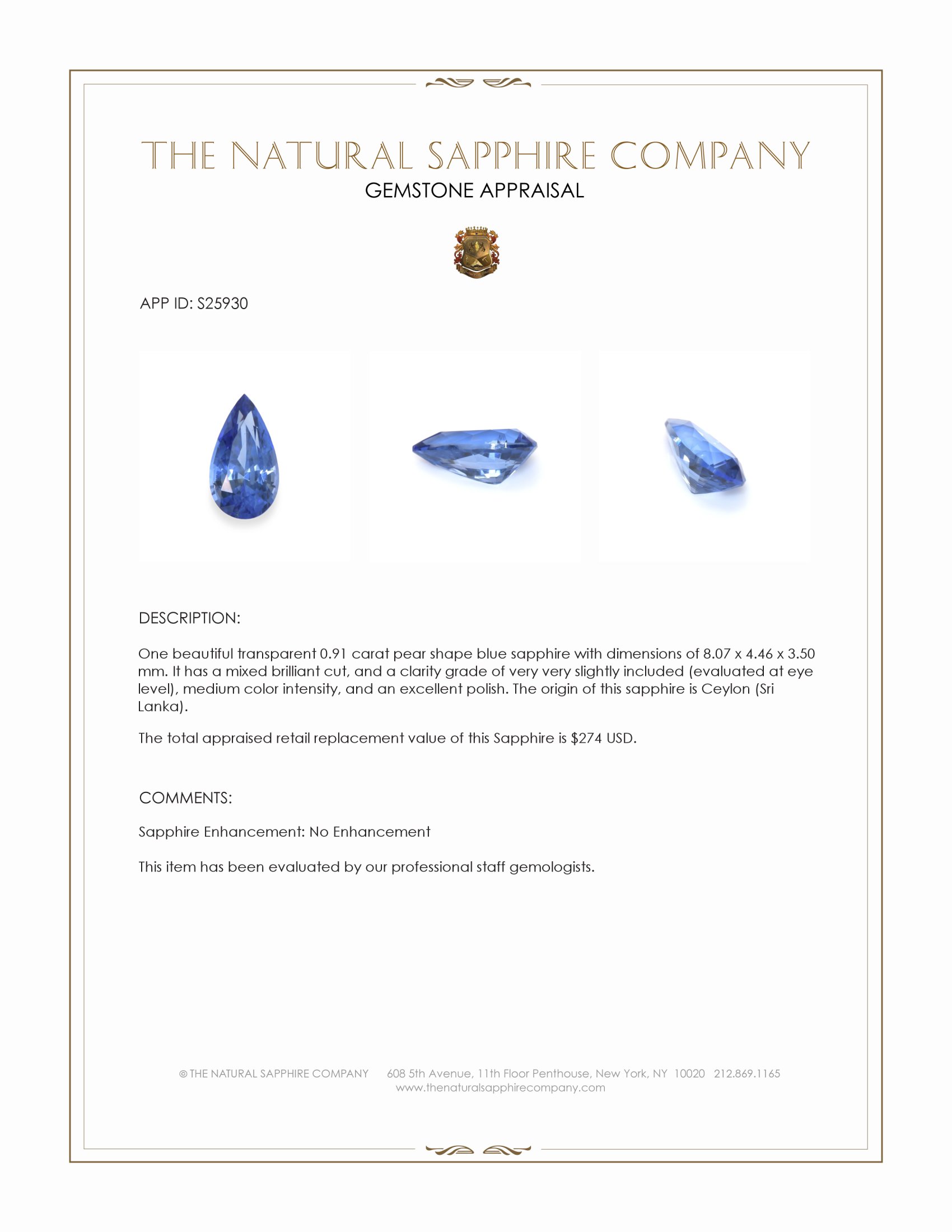0.91 Ct. Blue Sapphire from Ceylon (Sri Lanka)