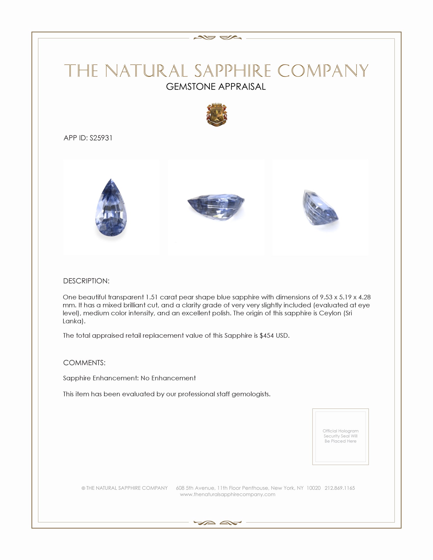 1.51 Ct. Blue Sapphire from Ceylon (Sri Lanka)