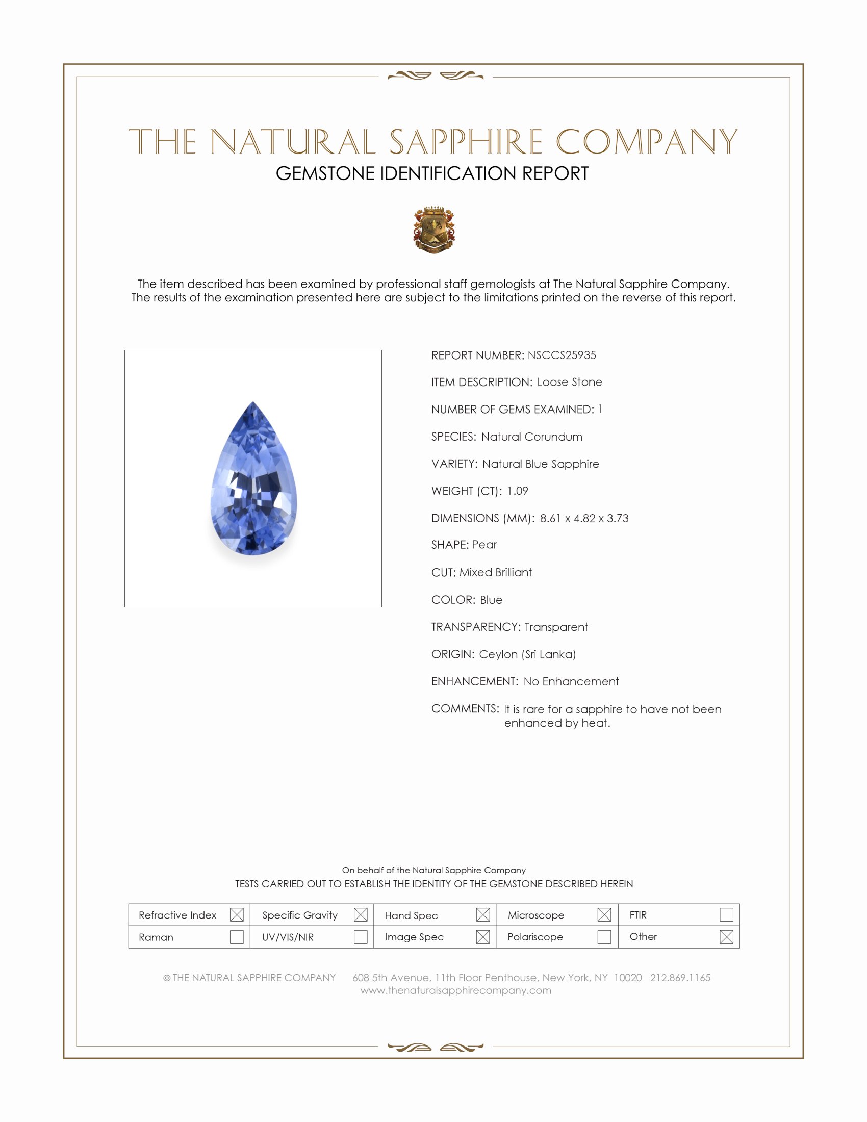 1.09 Ct. Blue Sapphire from Ceylon (Sri Lanka)