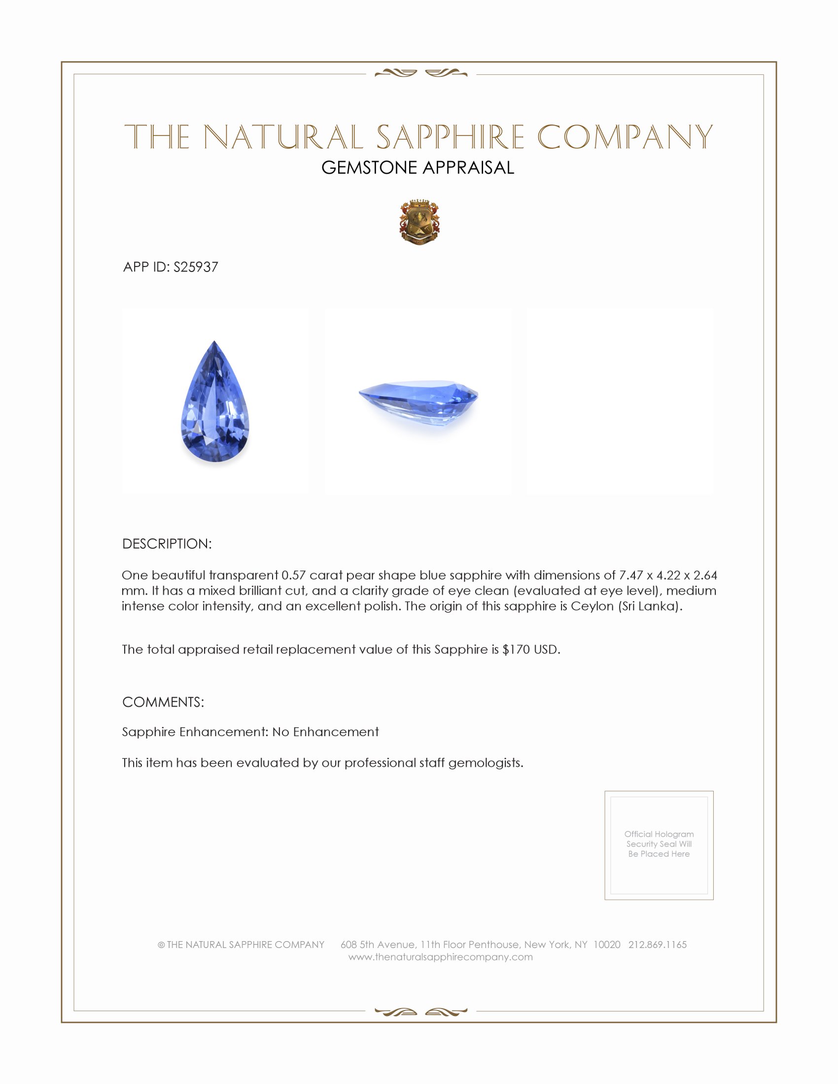 0.57 Ct. Blue Sapphire from Ceylon (Sri Lanka)