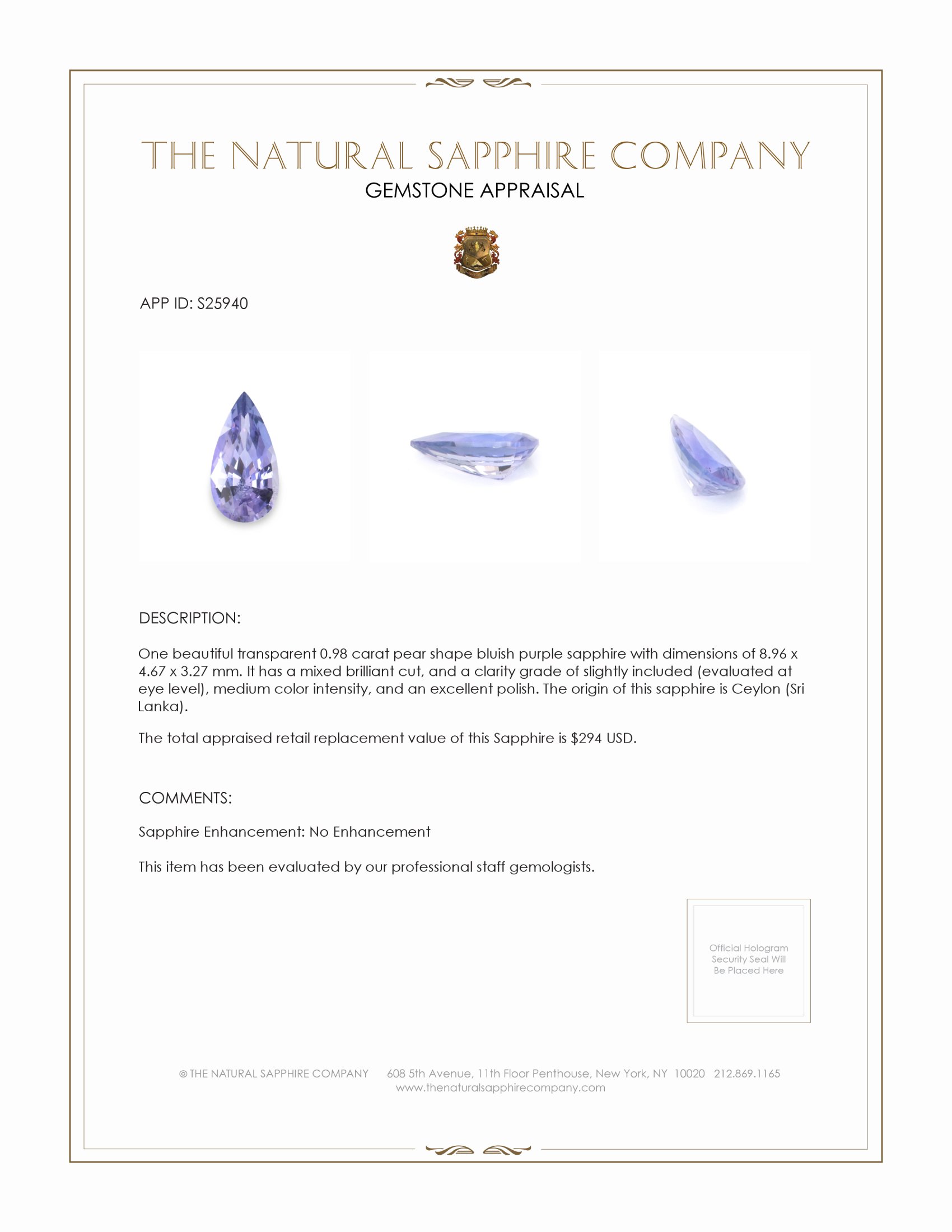0.98 Ct. Bluish Purple Sapphire from Ceylon (Sri Lanka)