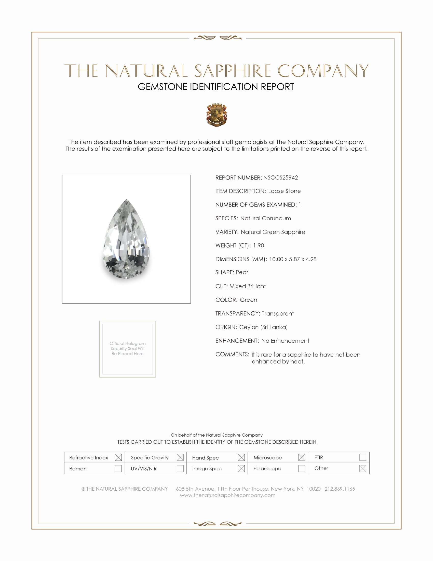 1.90 Ct. Green Sapphire from Ceylon (Sri Lanka)