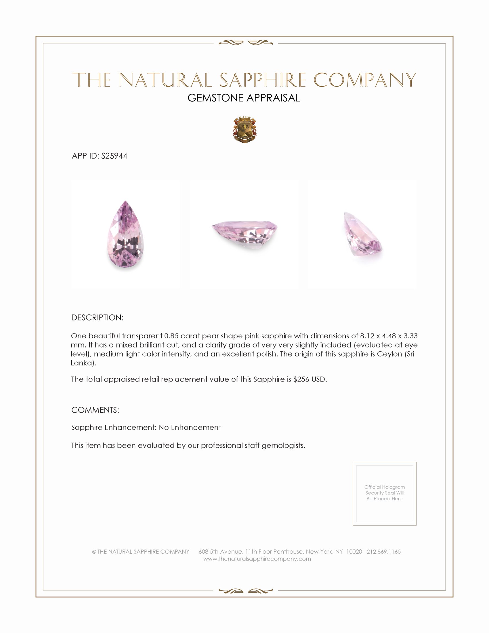 0.85 Ct. Pink Sapphire from Ceylon (Sri Lanka)