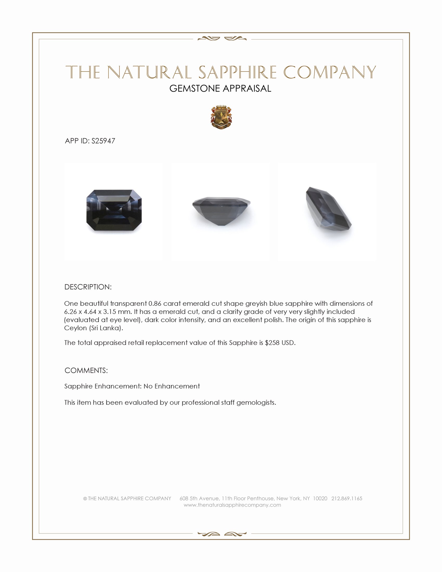 0.86 Ct. Greyish Blue Sapphire from Ceylon (Sri Lanka)