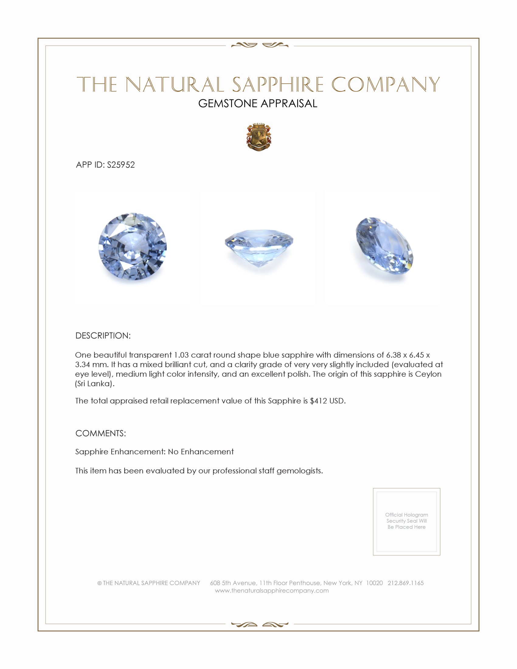 1.03 Ct. Blue Sapphire from Ceylon (Sri Lanka)