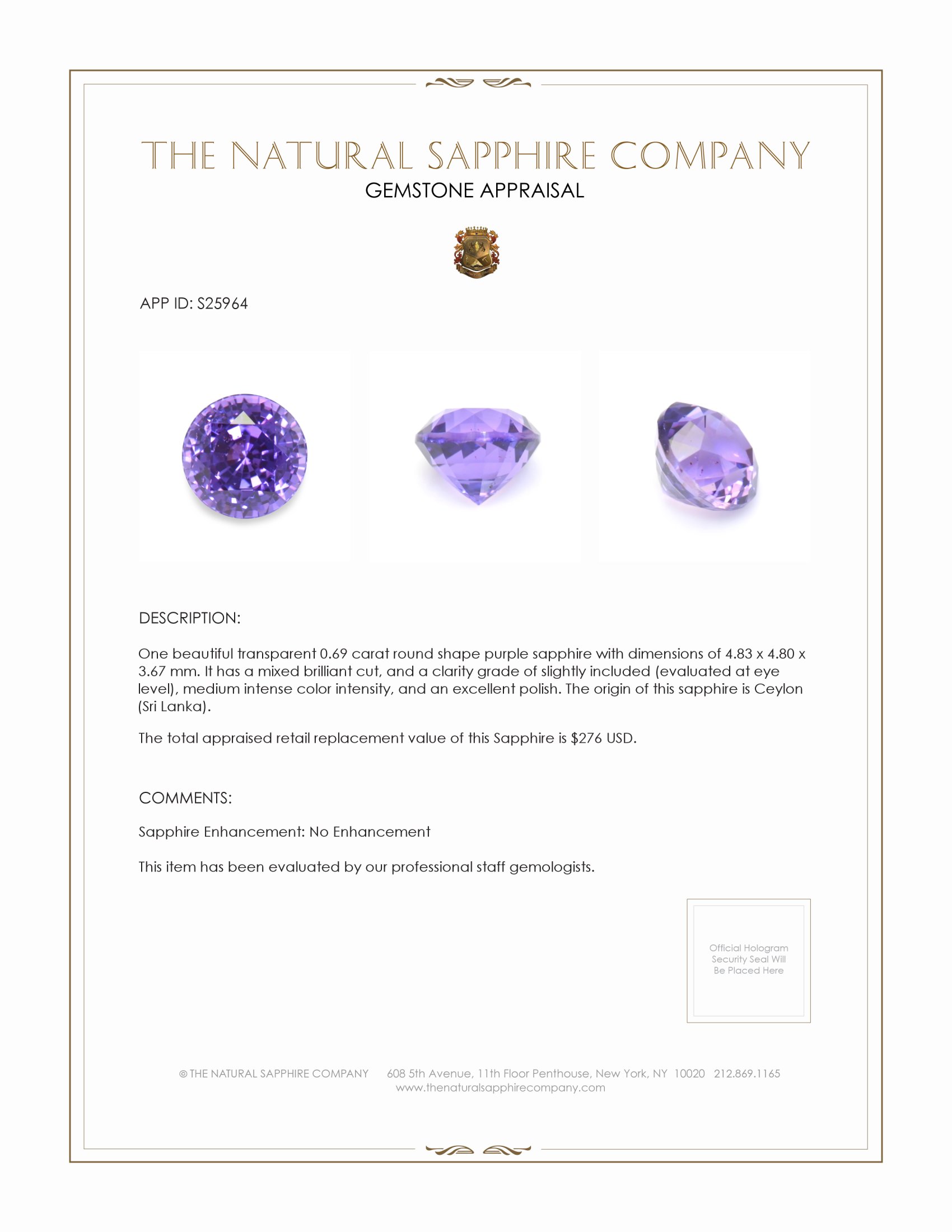 0.69 Ct. Purple Sapphire from Ceylon (Sri Lanka)