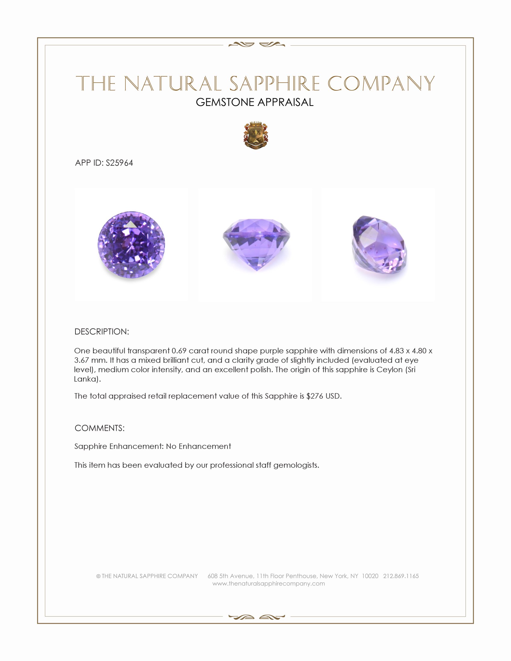 0.69 Ct. Purple Sapphire from Ceylon (Sri Lanka)