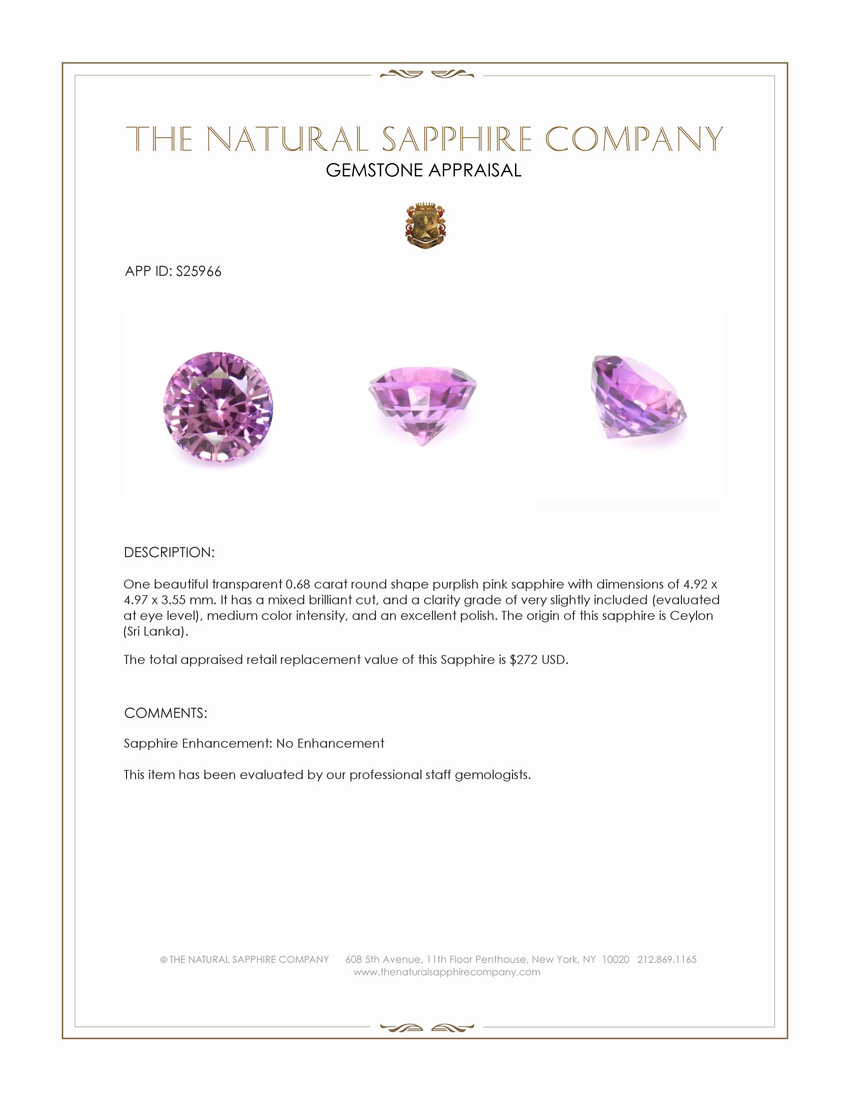 0.68 Ct. Purplish Pink Sapphire from Ceylon (Sri Lanka)