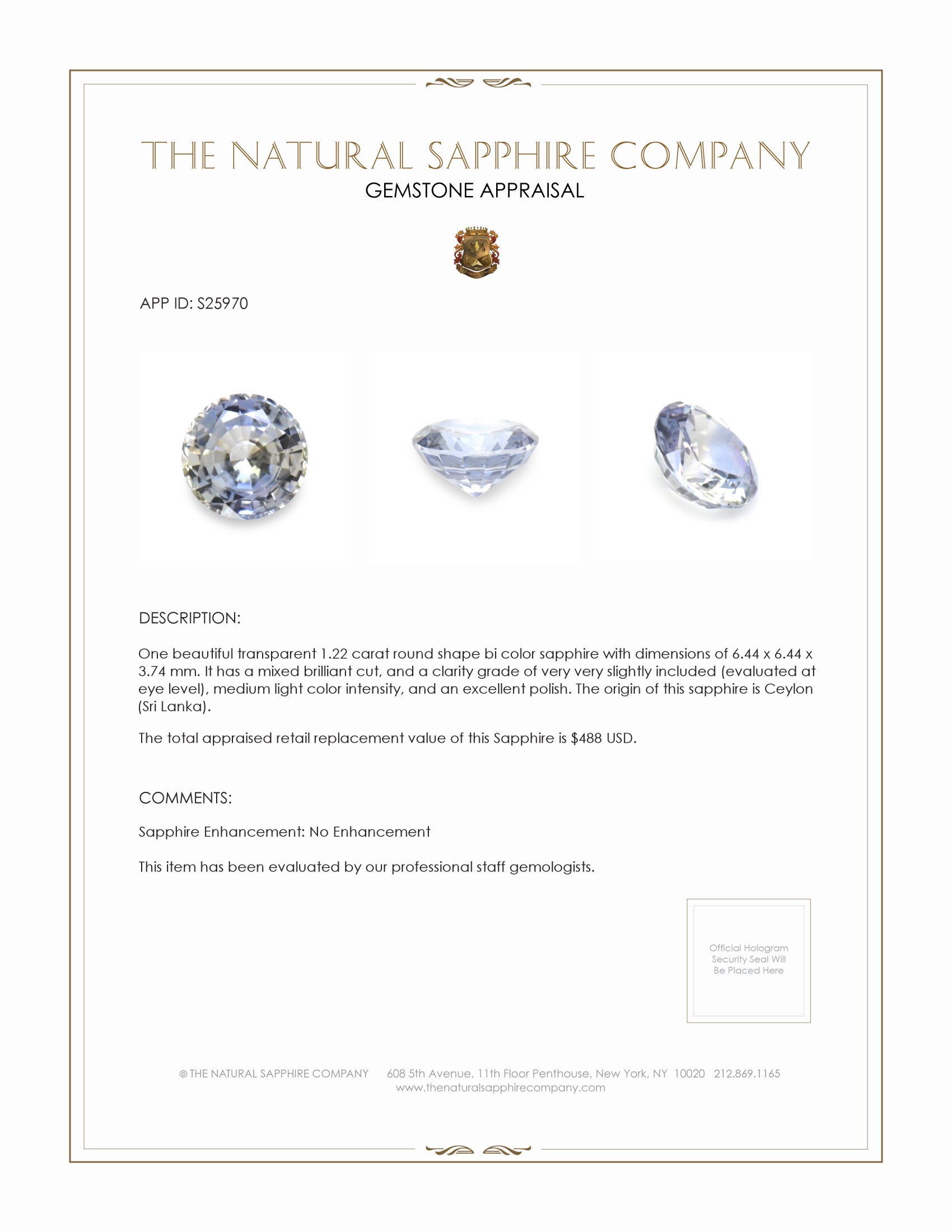 1.22 Ct. Bi Color Sapphire from Ceylon (Sri Lanka)