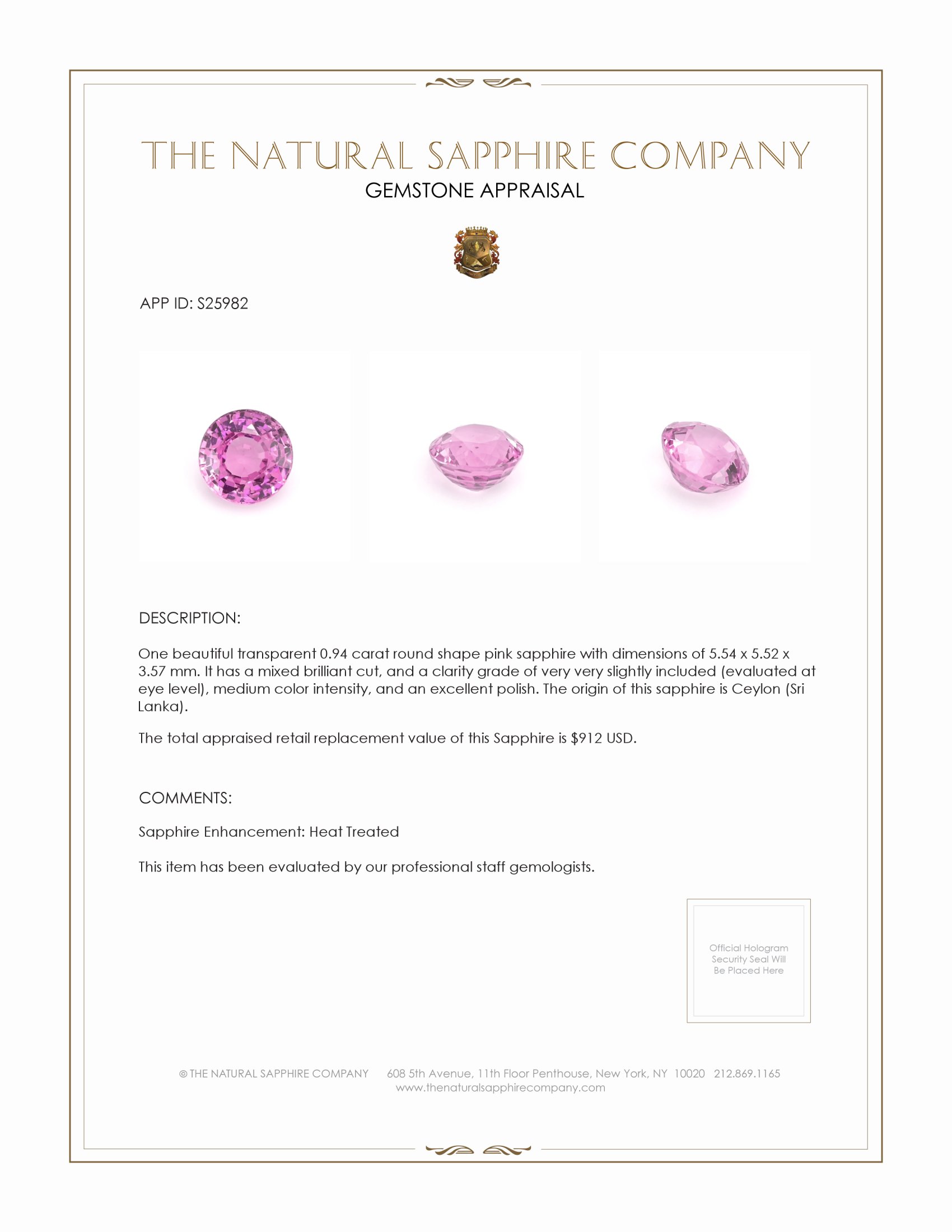 0.94 Ct. Pink Sapphire from Ceylon (Sri Lanka)
