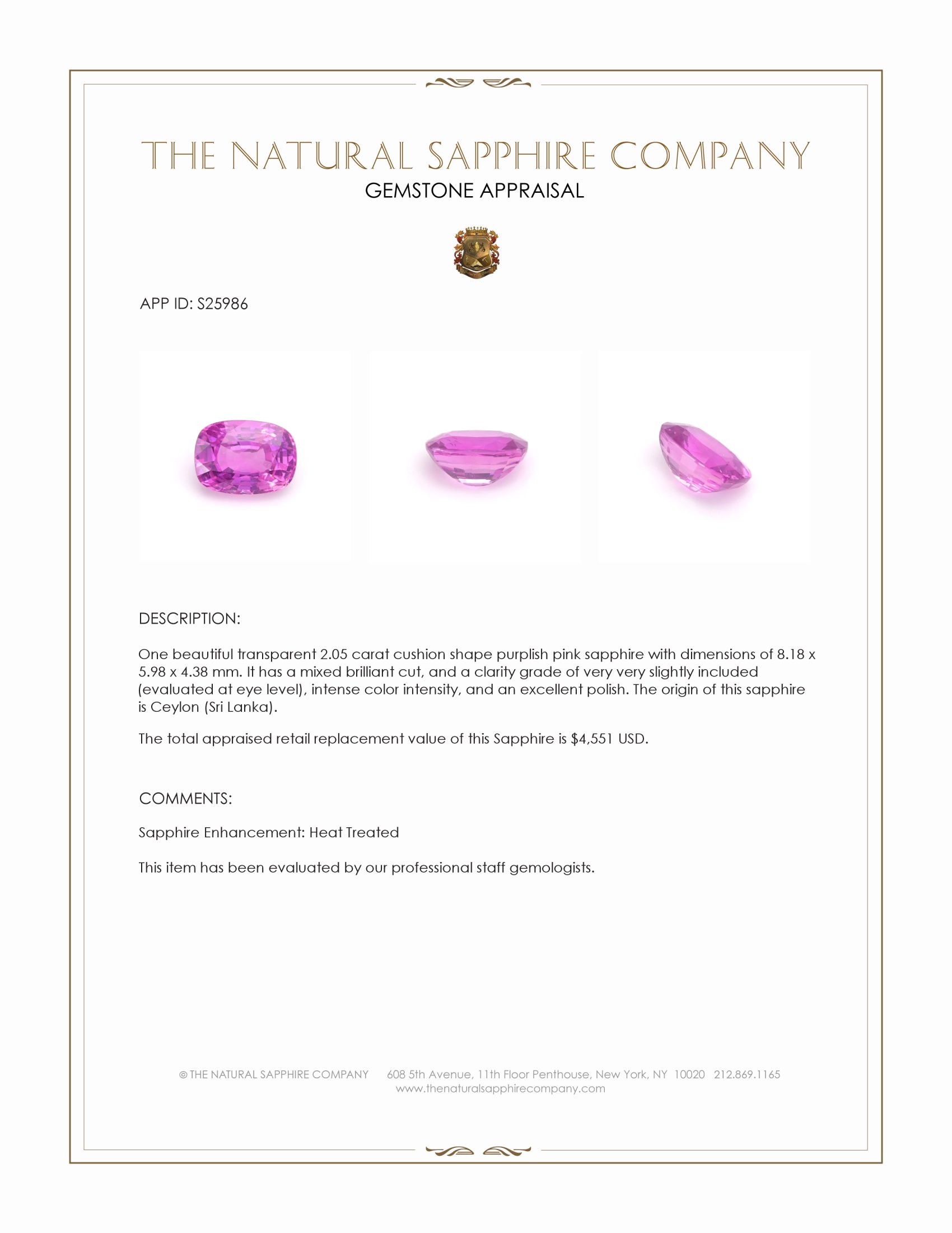 2.05 Ct. Purplish Pink Sapphire from Ceylon (Sri Lanka)