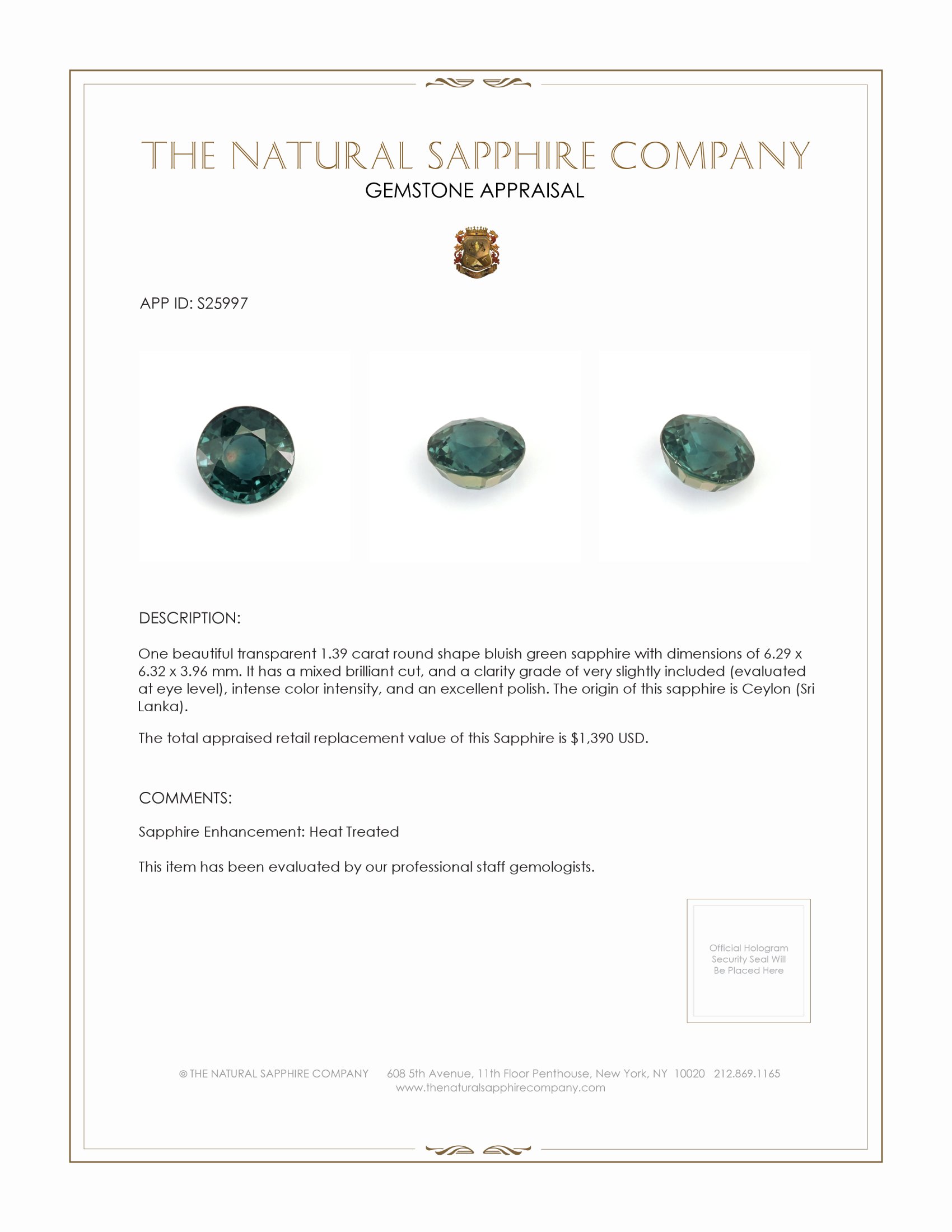 1.39 Ct. Bluish Green Sapphire from Ceylon (Sri Lanka)