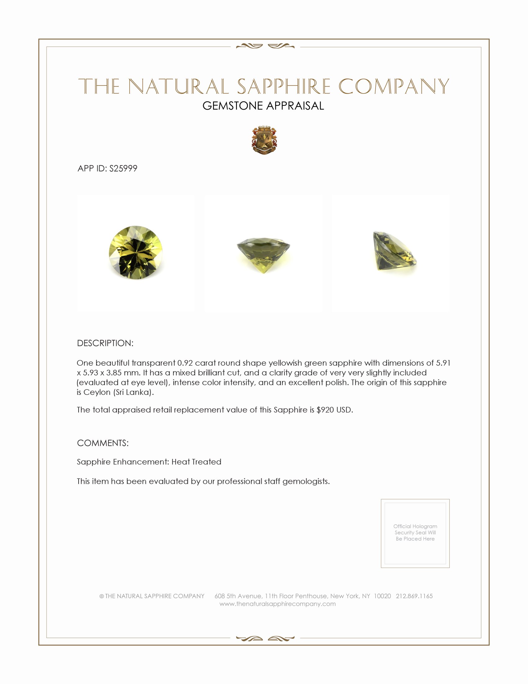 0.92 Ct. Yellowish Green Sapphire from Ceylon (Sri Lanka)