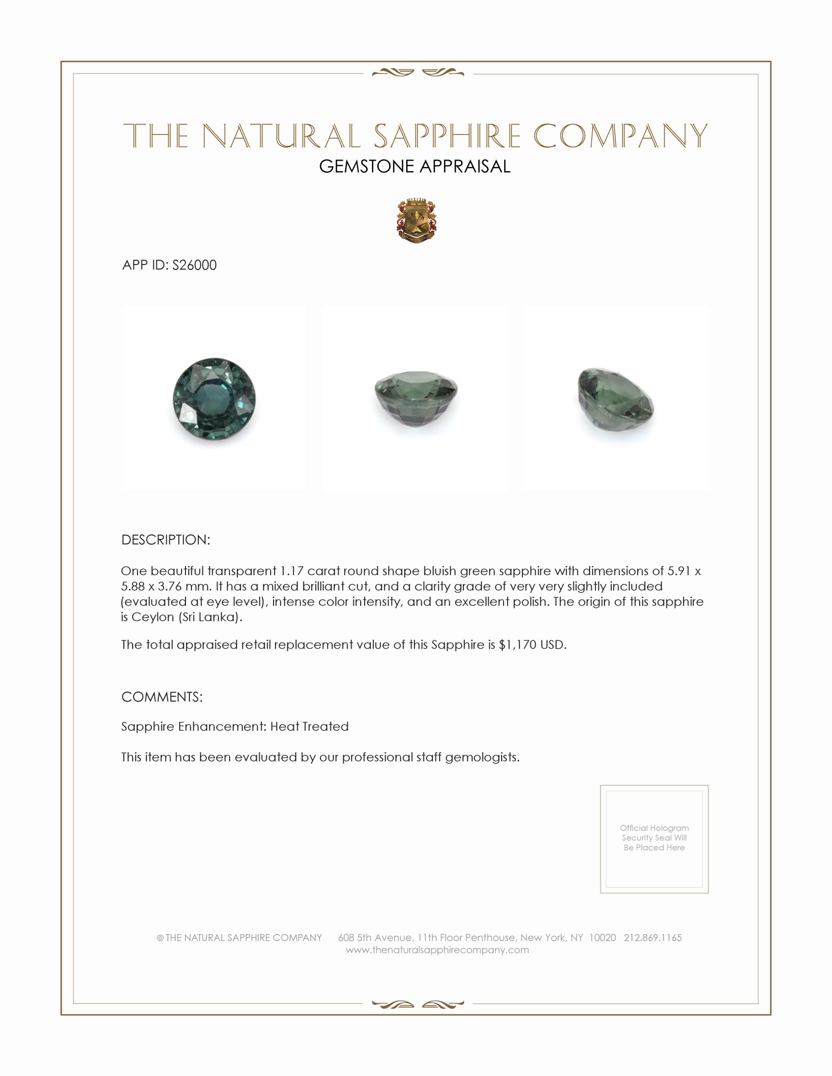 1.17 Ct. Bluish Green Sapphire from Ceylon (Sri Lanka)