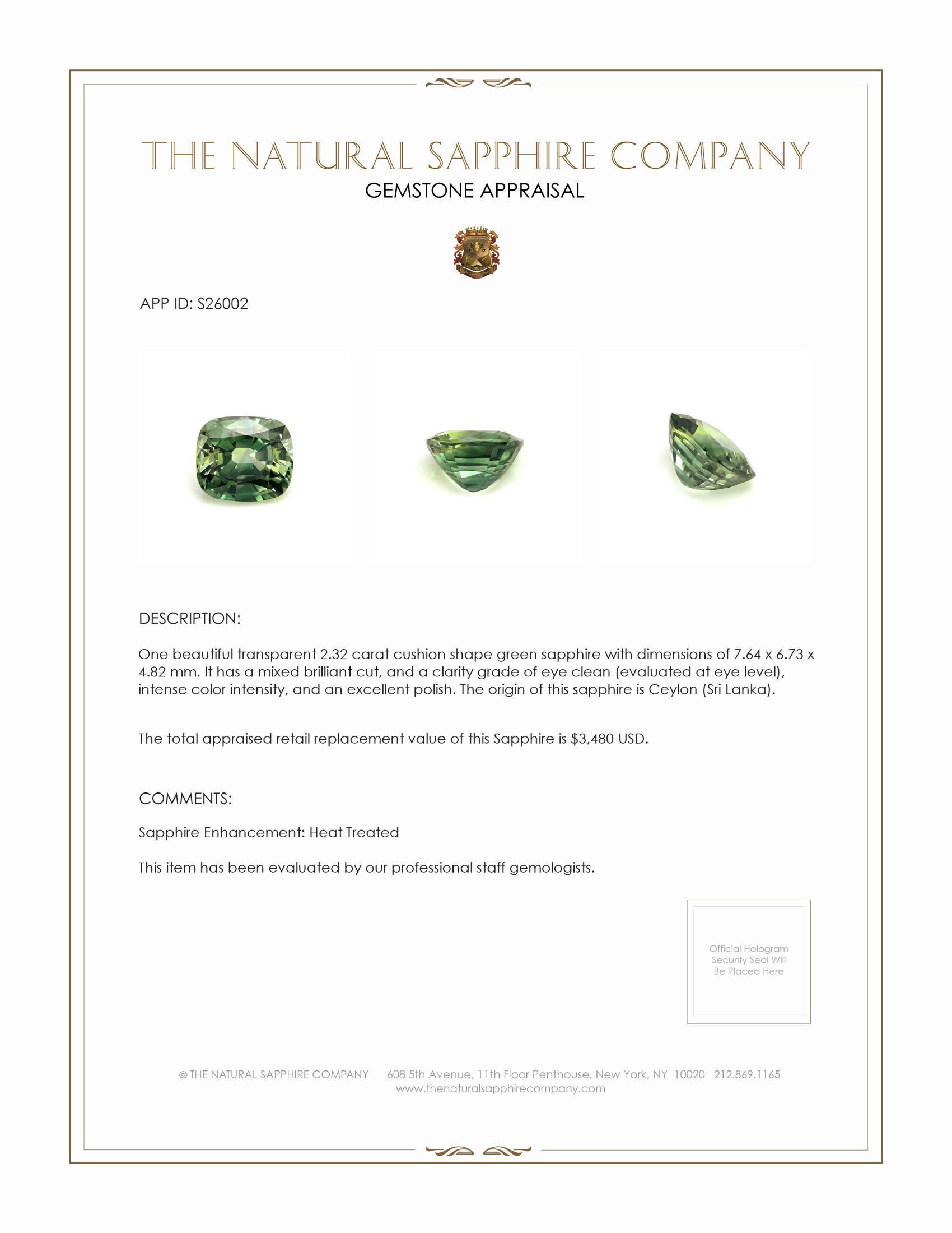 2.32 Ct. Green Sapphire from Ceylon (Sri Lanka)