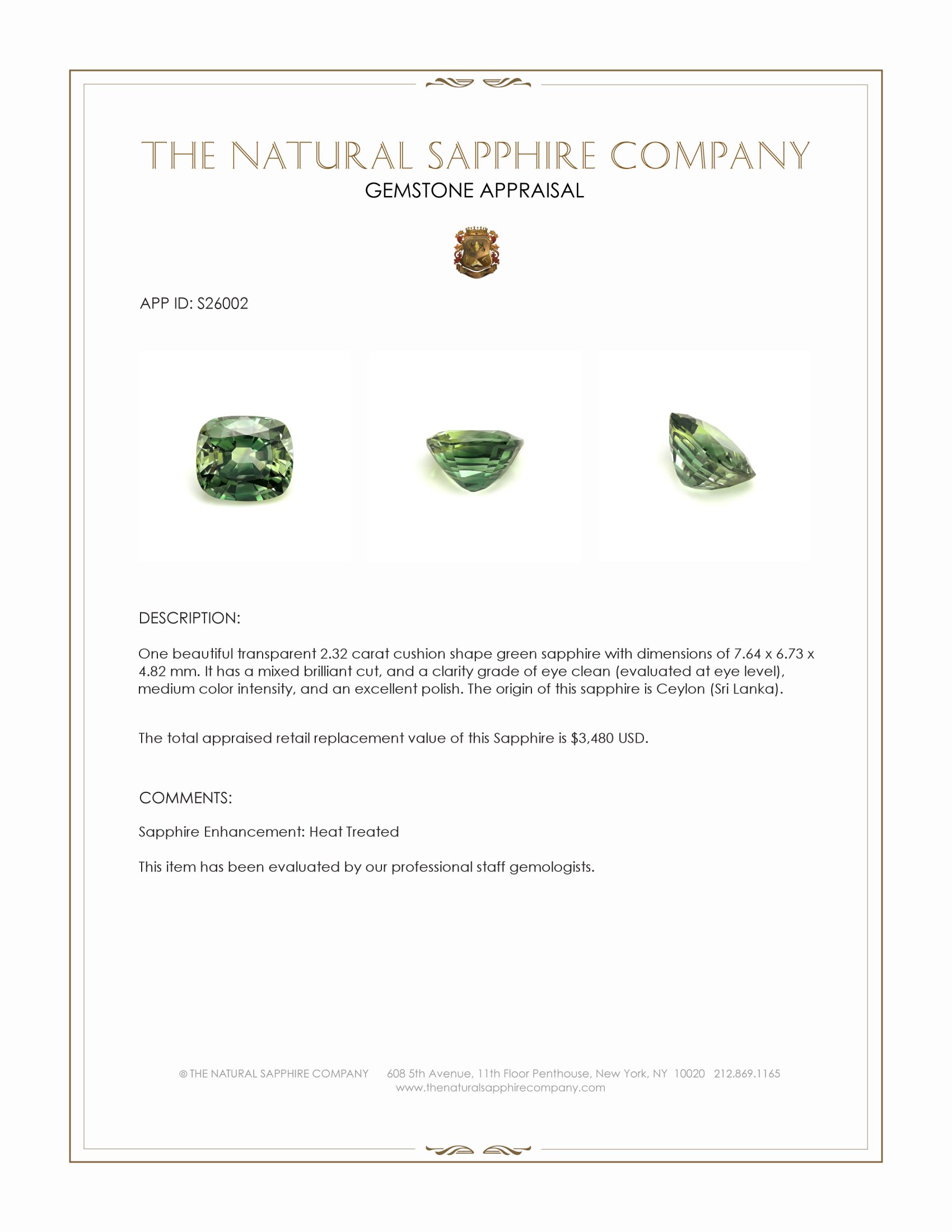 2.32 Ct. Green Sapphire from Ceylon (Sri Lanka)
