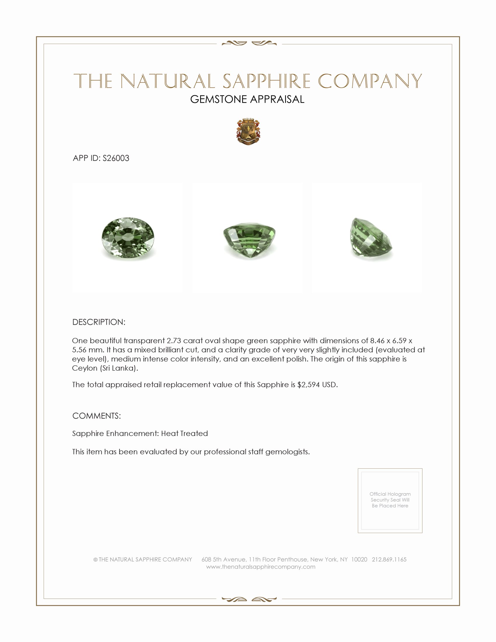 2.73 Ct. Green Sapphire from Ceylon (Sri Lanka)