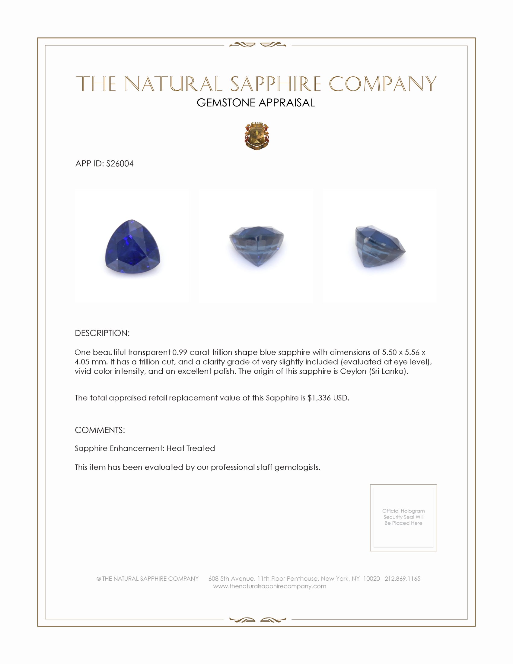 0.99 Ct. Blue Sapphire from Ceylon (Sri Lanka)