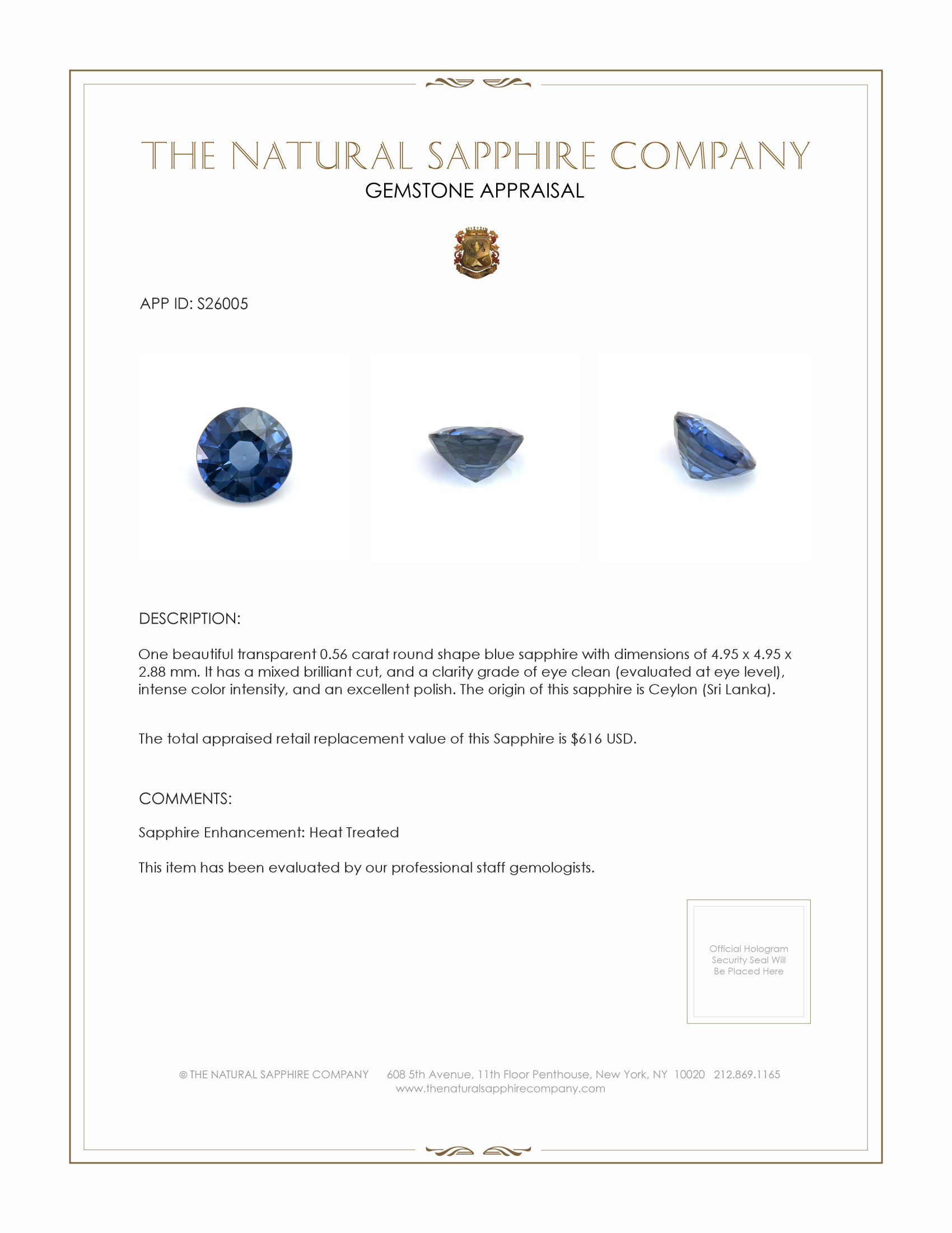 0.56 Ct. Blue Sapphire from Ceylon (Sri Lanka)