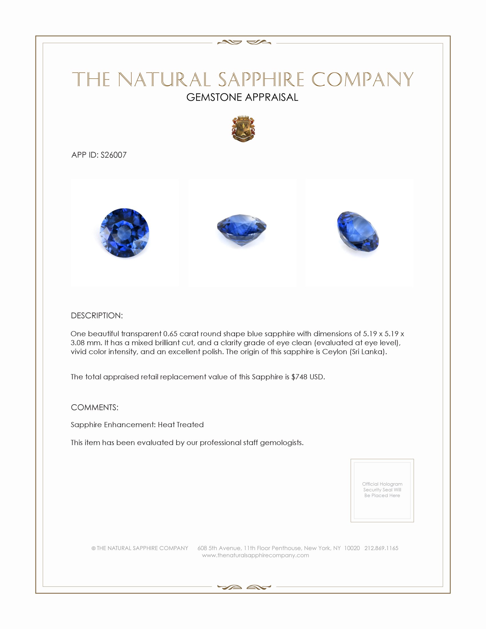 0.65 Ct. Blue Sapphire from Ceylon (Sri Lanka)