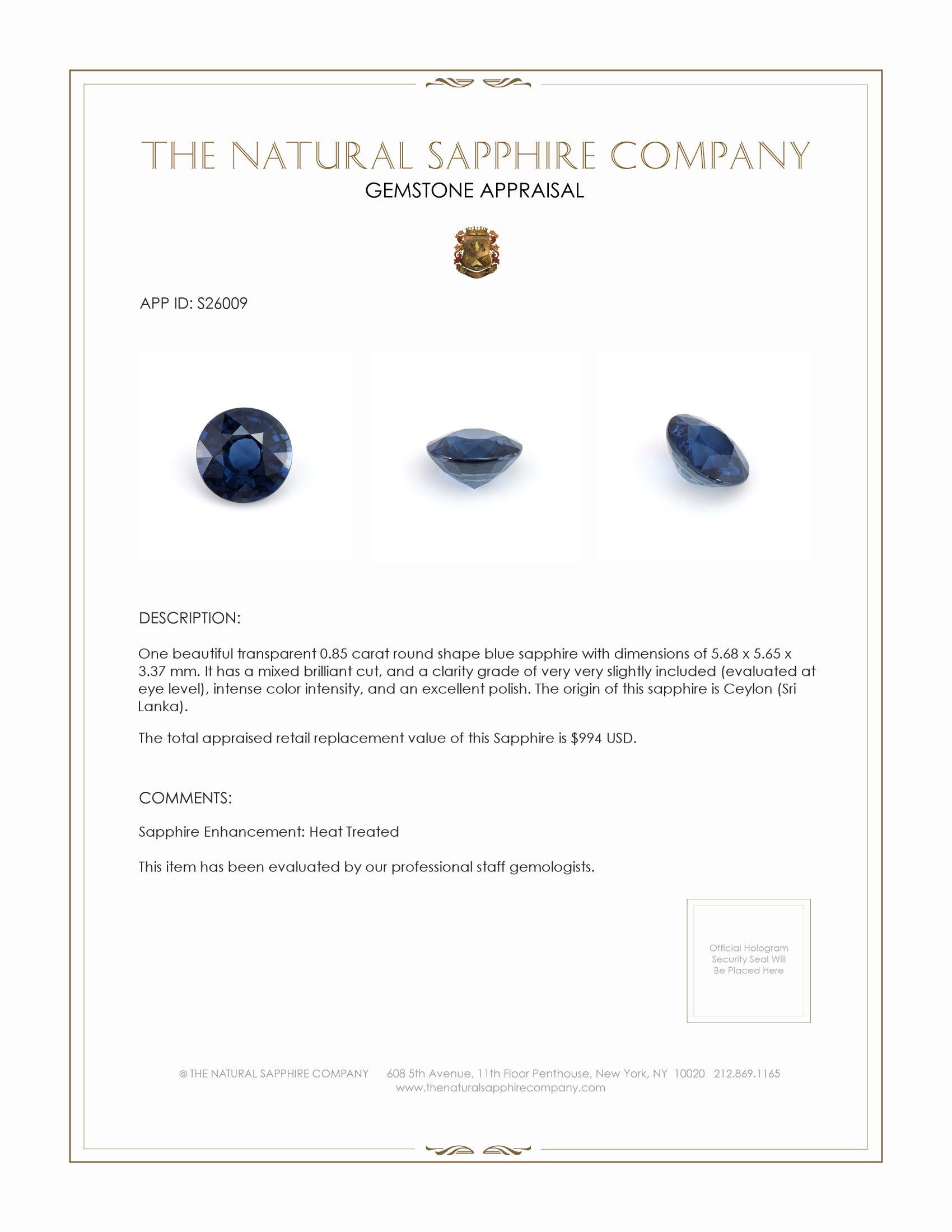0.85 Ct. Blue Sapphire from Ceylon (Sri Lanka)