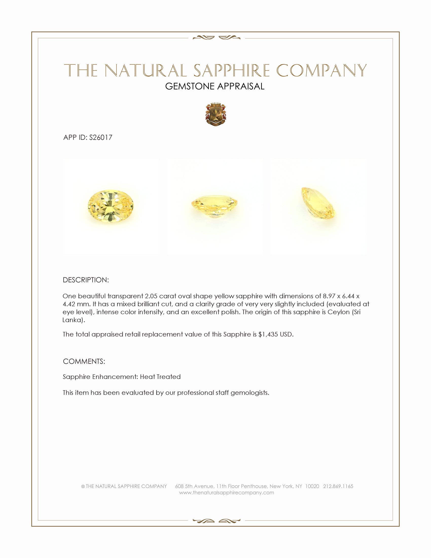 2.05 Ct. Yellow Sapphire from Ceylon (Sri Lanka)