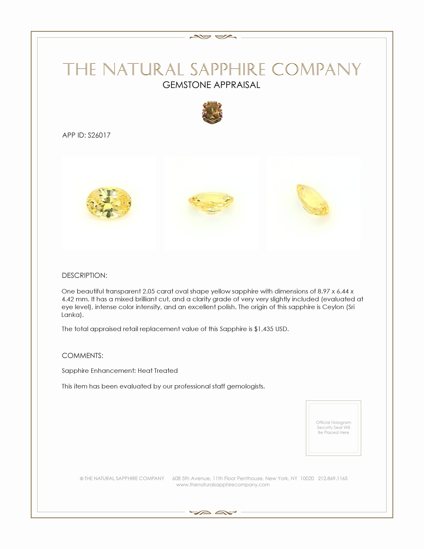 2.05 Ct. Yellow Sapphire from Ceylon (Sri Lanka)