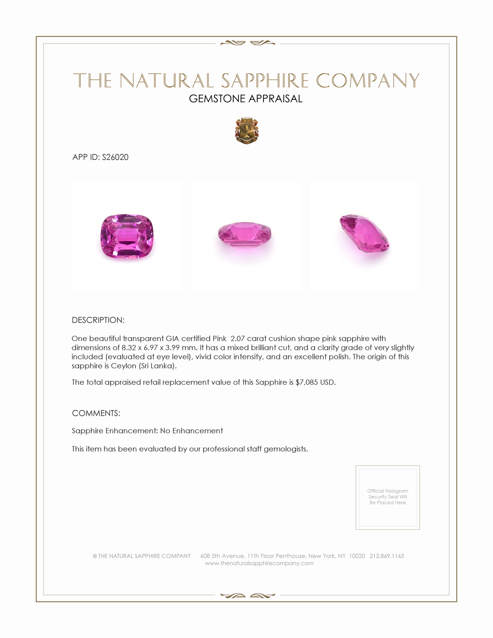 2.07 Ct. Pink Sapphire from Ceylon (Sri Lanka)