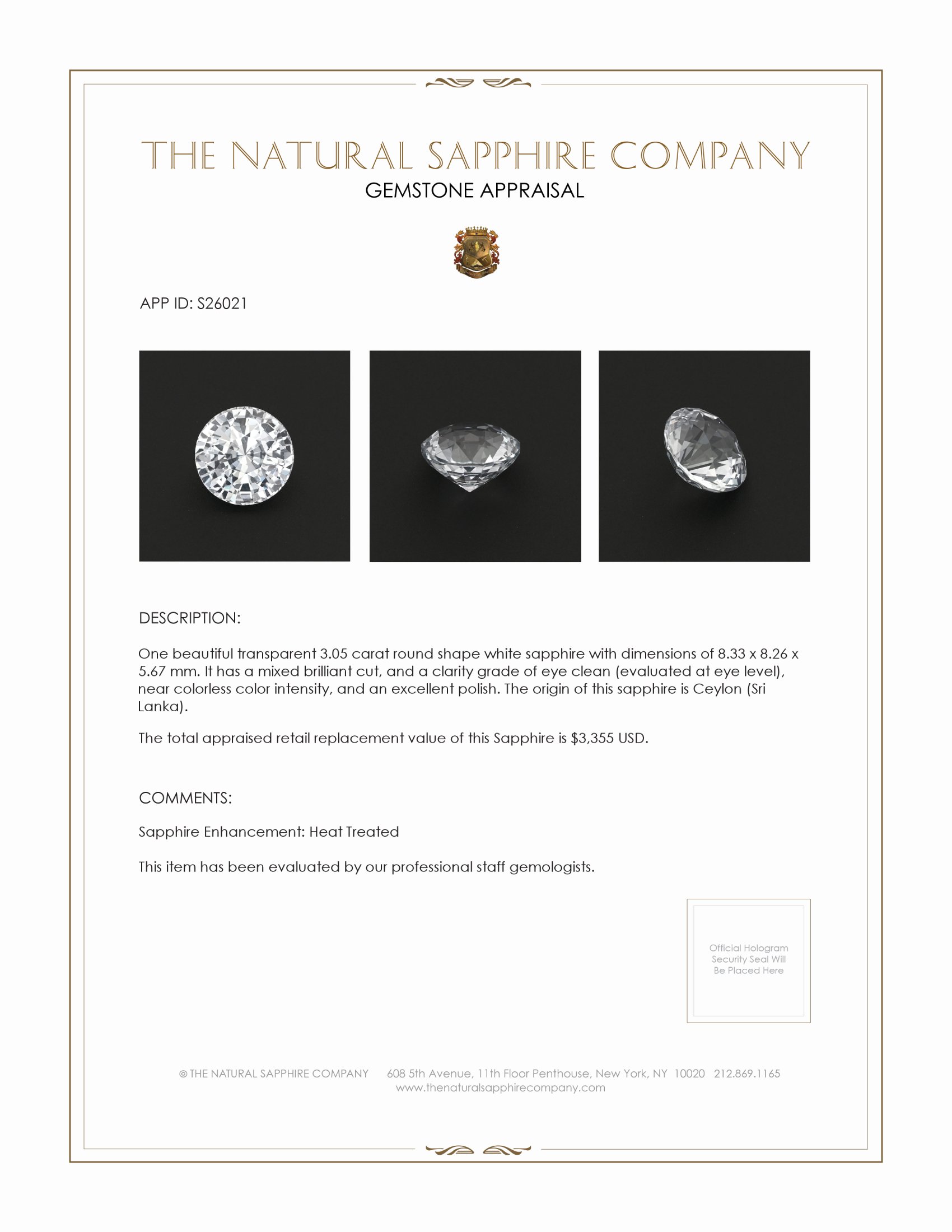 3.05 Ct. White Sapphire from Ceylon (Sri Lanka)