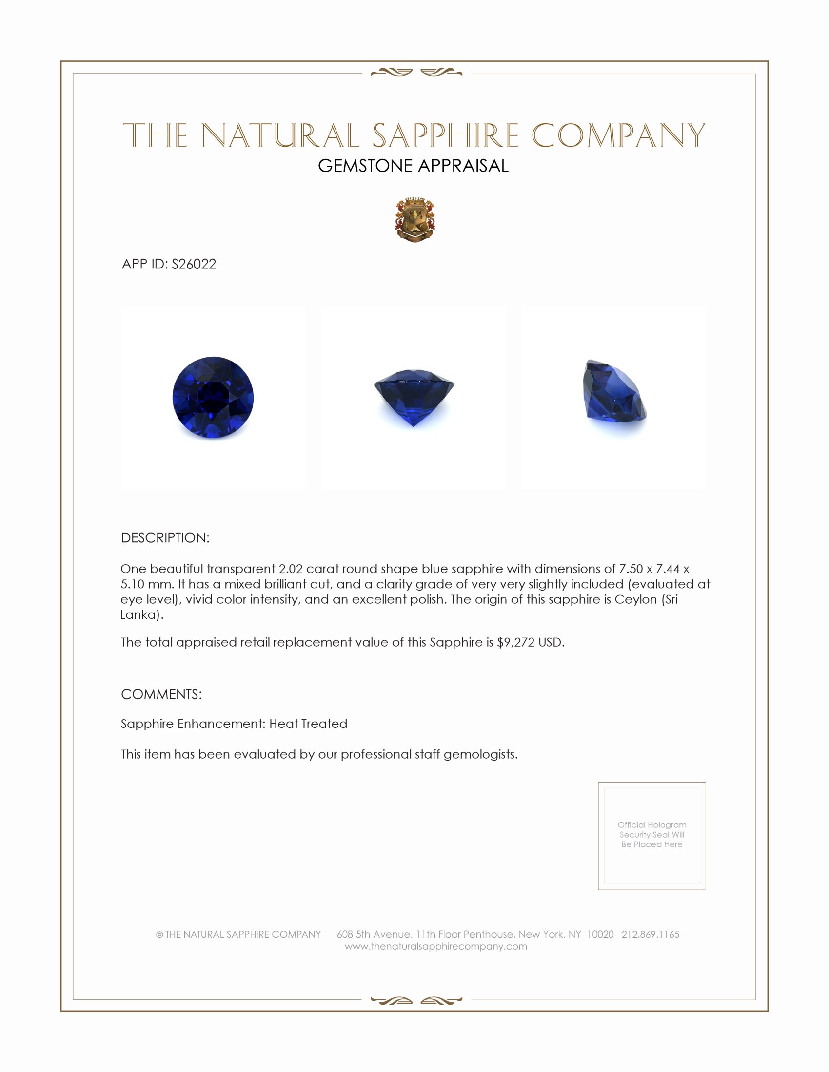 2.02 Ct. Blue Sapphire from Ceylon (Sri Lanka)