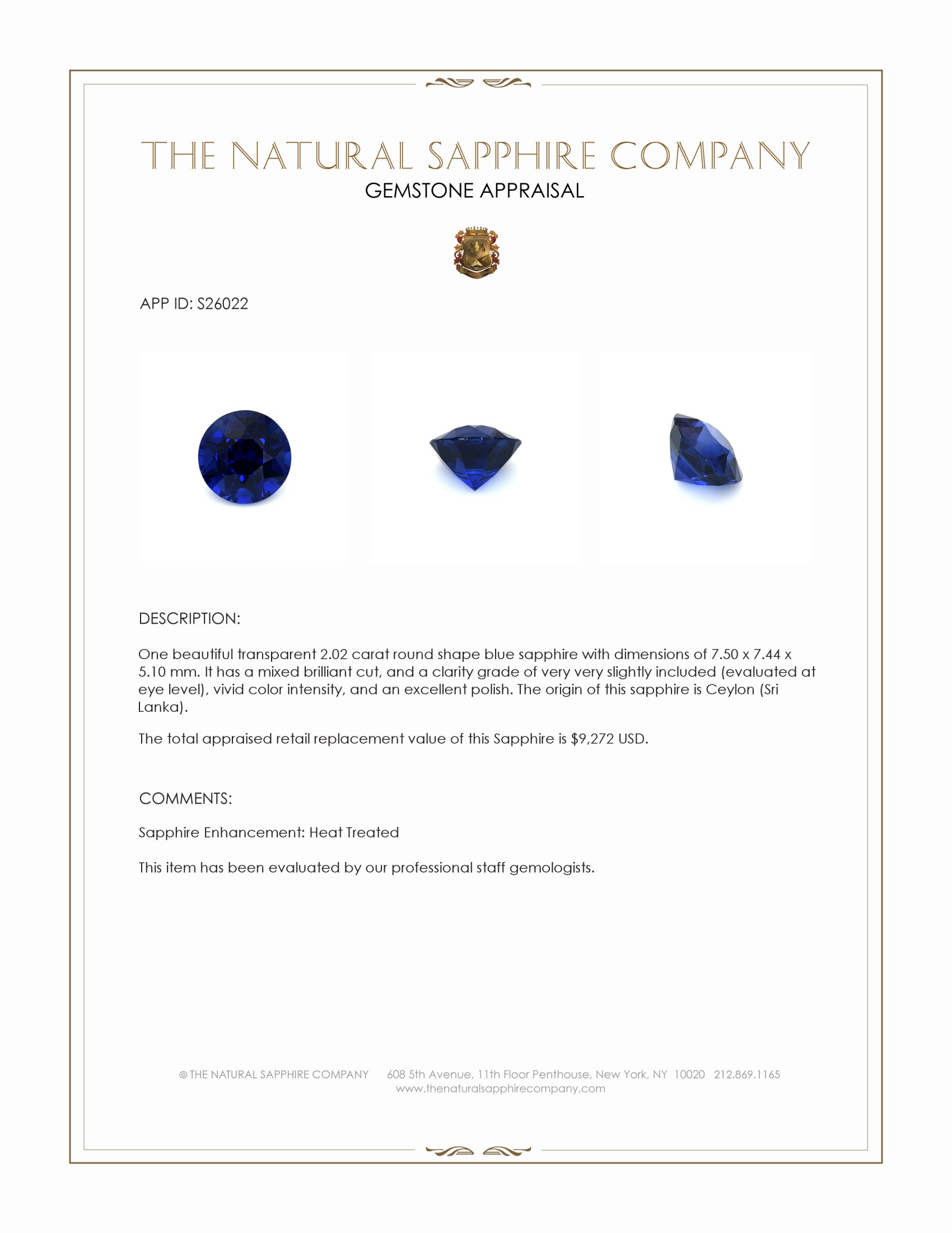 2.02 Ct. Blue Sapphire from Ceylon (Sri Lanka)