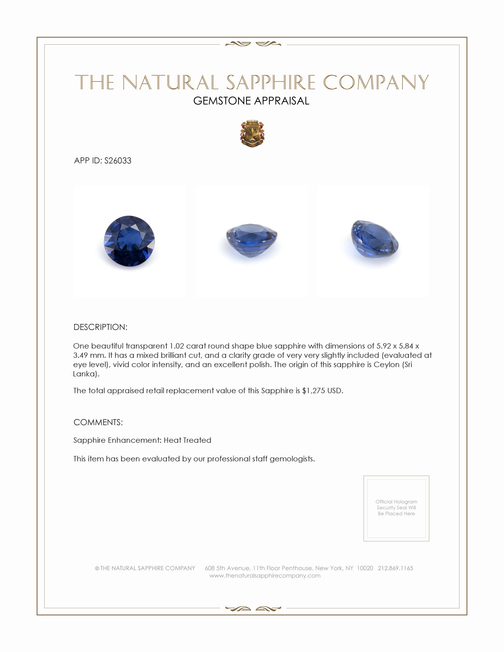1.02 Ct. Blue Sapphire from Ceylon (Sri Lanka)