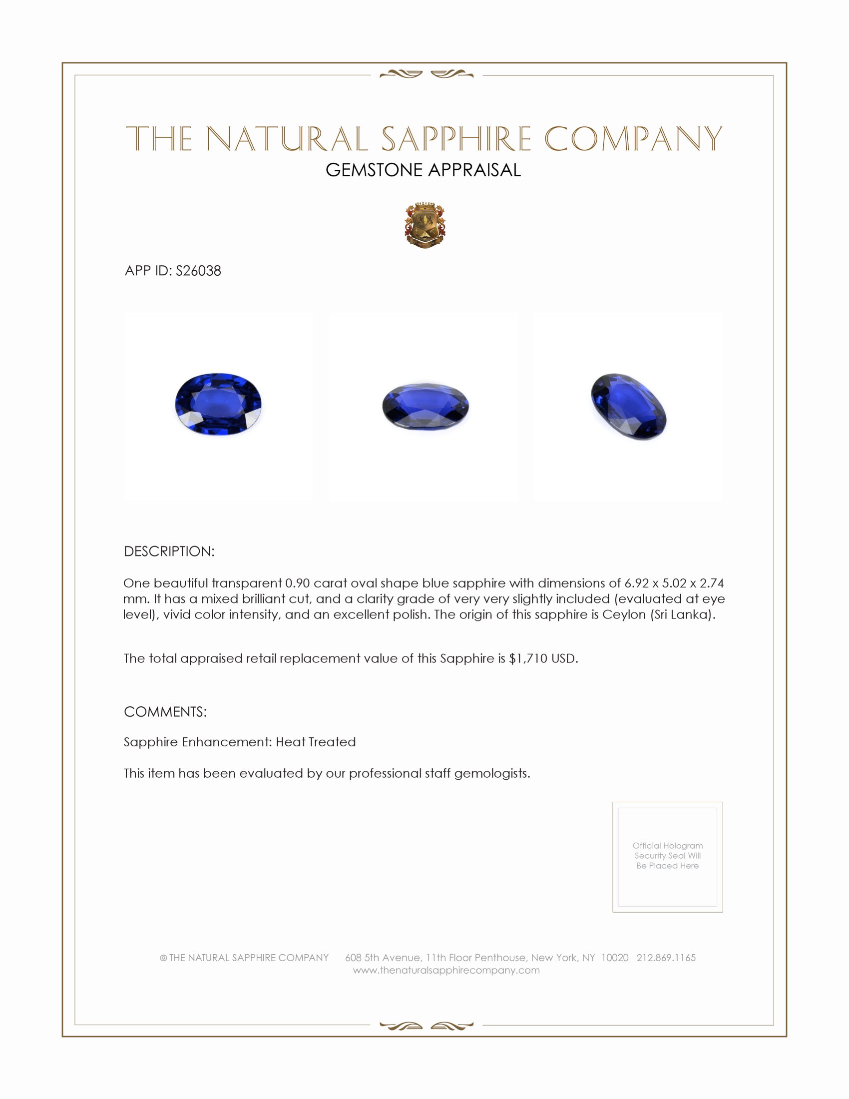 0.90 Ct. Blue Sapphire from Ceylon (Sri Lanka)