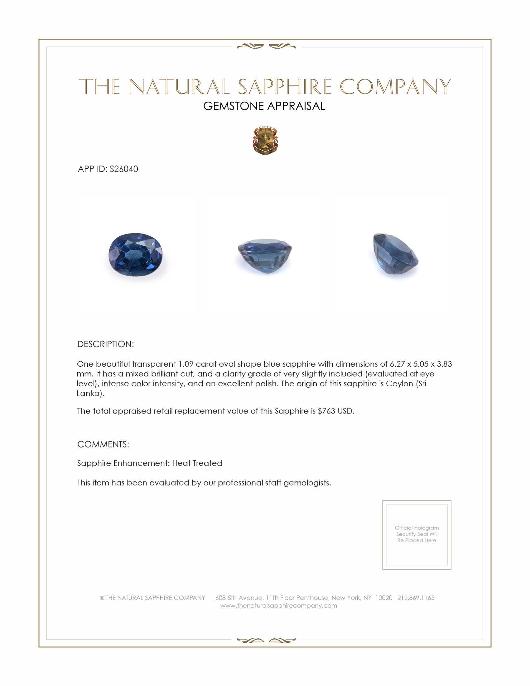 1.09 Ct. Blue Sapphire from Ceylon (Sri Lanka)